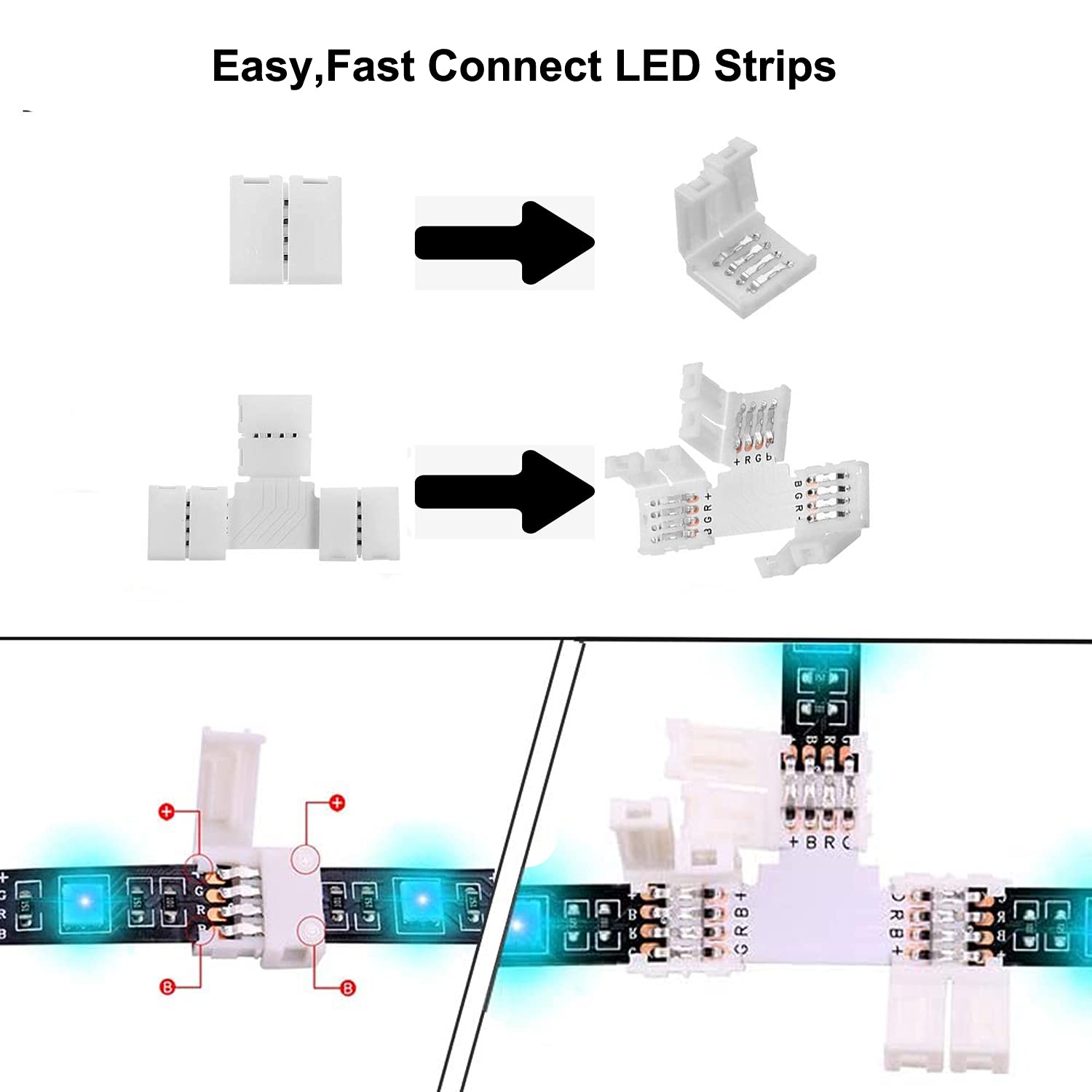 10-Pack T-Shape 4-Pin LED Connectors - 10mm Wide Solderless Gapless Adapter for 5050/3528 SMD RGB LED Strip Lights - 12V 72W Terminal Extension - Perfect for Home Lighting, DIY Projects, and LED Strip Installations