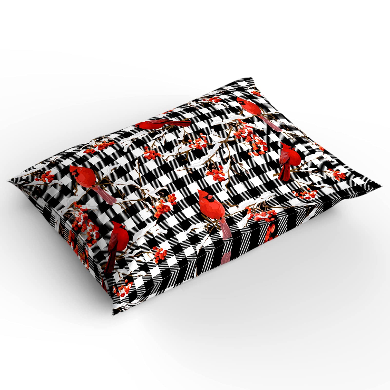 Christmas Duvet Cover Set 4-Piece Queen Size - Winter Snow Cardinalis Black White Plaid Soft Bedding Set with Duvet Cover, Flat Sheet & Pillowcases - Cozy Holiday Bedroom Decor for Kids, Teens & Adults