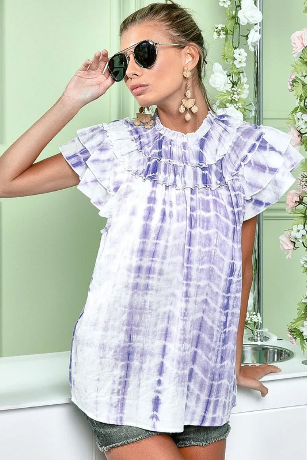 BiBi Women's Tiered Ruffle Neck Tie Dye Blouse - Boho Chic Summer Tops for Casual Wear & Beach Outfits