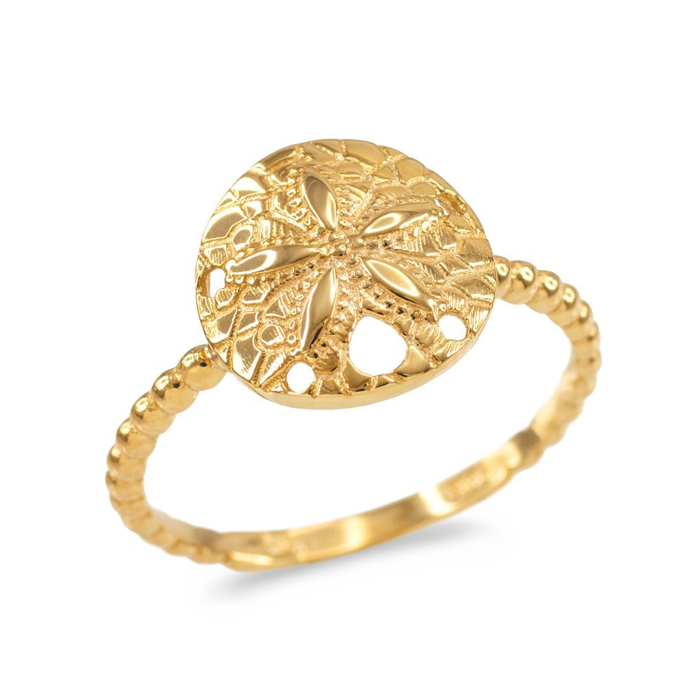 10k Yellow Gold Beaded Band Sand Dollar Ring for Women - Dainty Beach Jewelry - Perfect for Vacation, Summer Outfits & Gift Giving