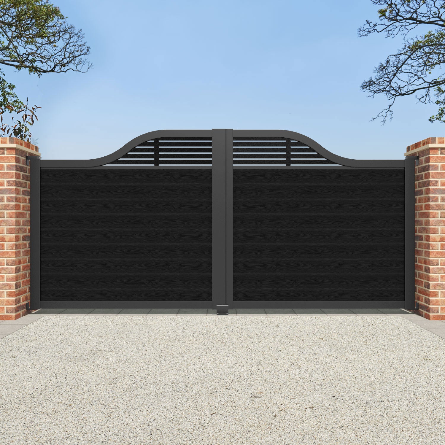 Classic Aspen Curved Top Driveway Gate - Black Powder-Coated Steel with Decorative Top Screen | Elegant Driveway Entrance for Homes & Estates | Perfect for Privacy & Curb Appeal