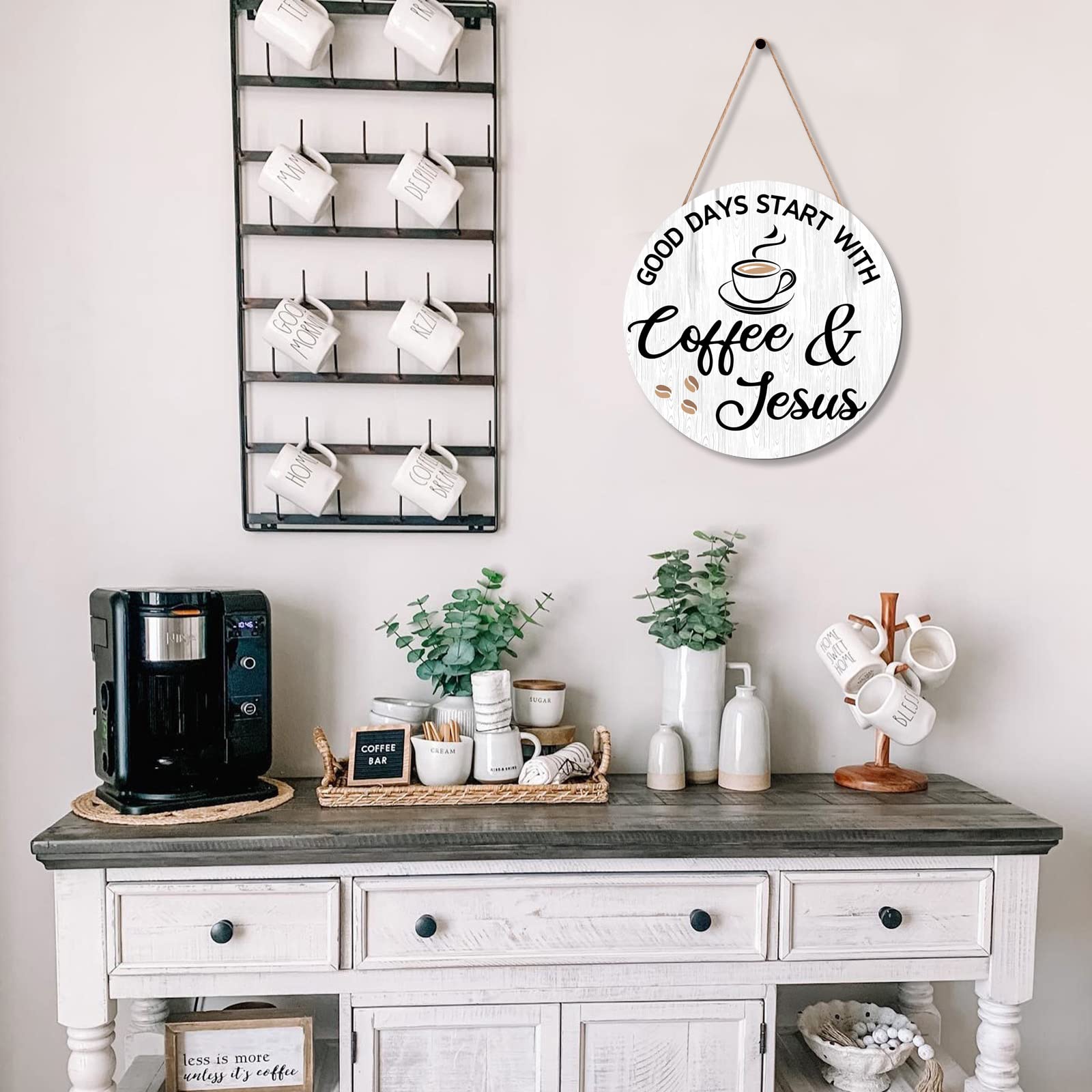 HMASYO Farmhouse Wood Coffee Bar Wall Sign - 'Good Days Start with Coffee & Jesus' - 12x12 Inch Rustic Home Decor for Kitchen, Office, Cafe & Coffee Station - Perfect Gift for Coffee Lovers (Great for Coffee Themed Spaces & Christian Home Decor)
