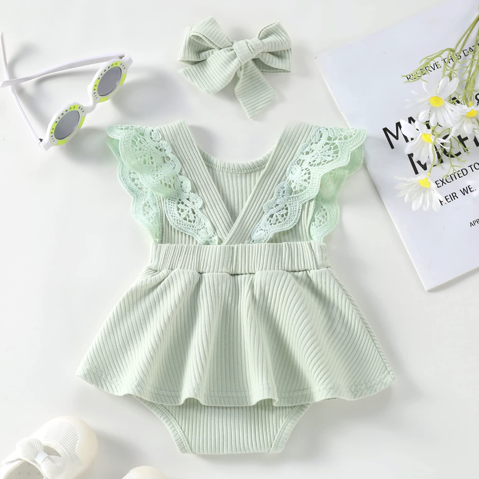 Newborn Baby Girl Clothes - Soft Ribbed Romper Playsuit & Headband Set | Summer One-Piece Dress Outfit for Infants | Perfect for Photoshoots, Playdates & Special Occasions