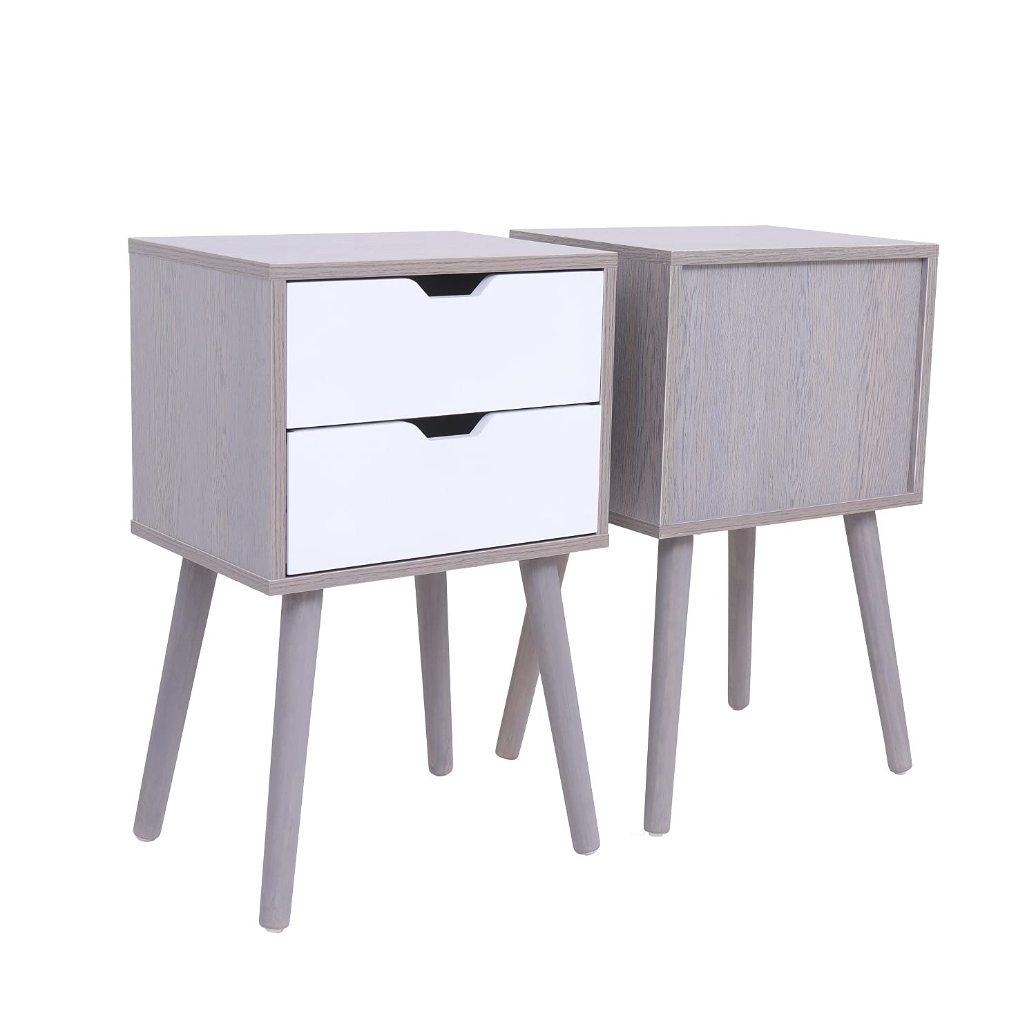 Modern Nightstand Set of 2 - Mid-Century Bedside Tables with 2 Drawers & Solid Wood Legs, Storage Cabinet for Bedroom & Living Room Furniture (Grey) - Perfect for Small Spaces, Guest Rooms & Apartment Decor
