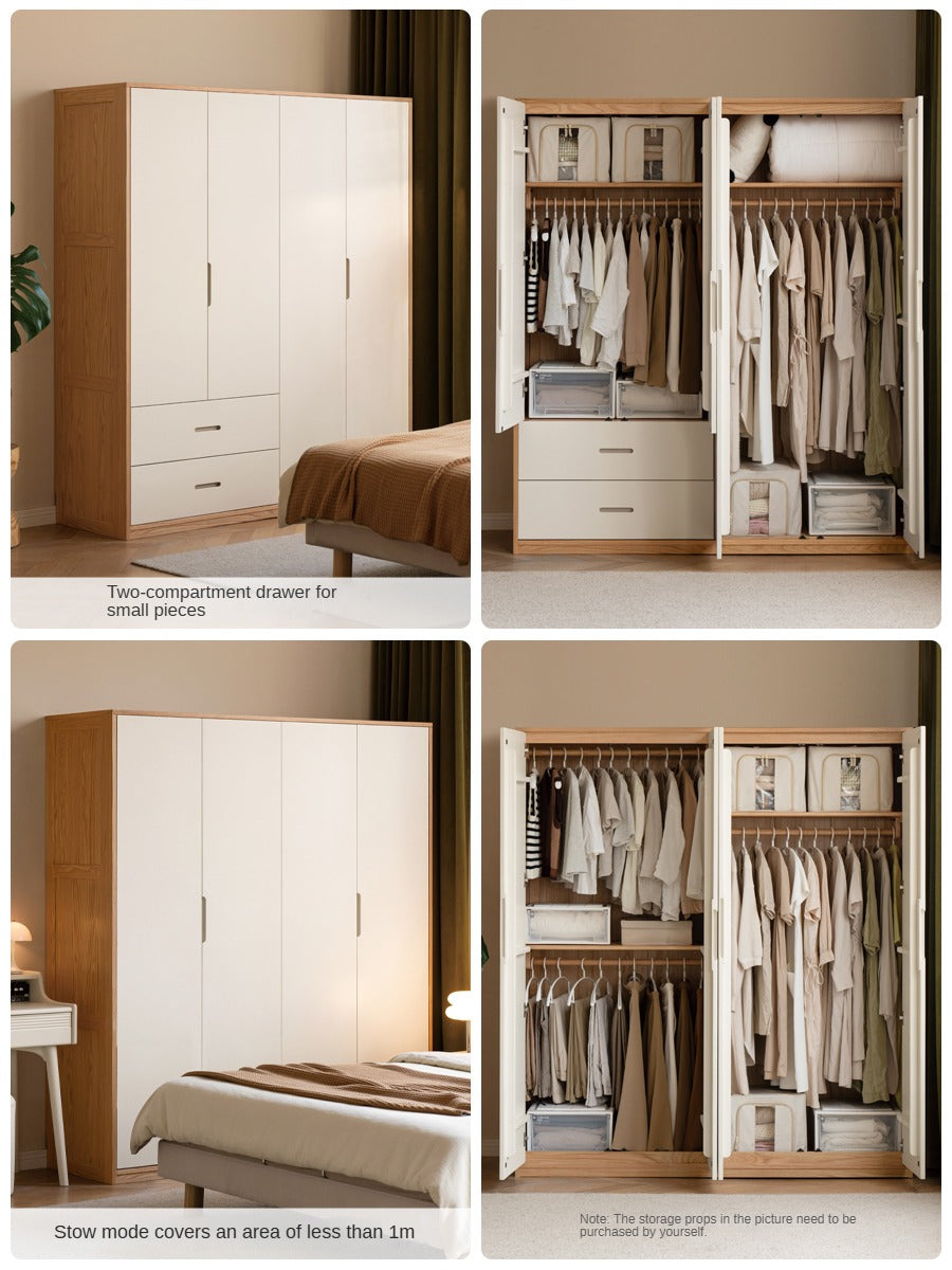 Oak Solid Wood Log Cream Style Wardrobe - Rustic Bedroom & Living Room Storage Furniture for Home Organization