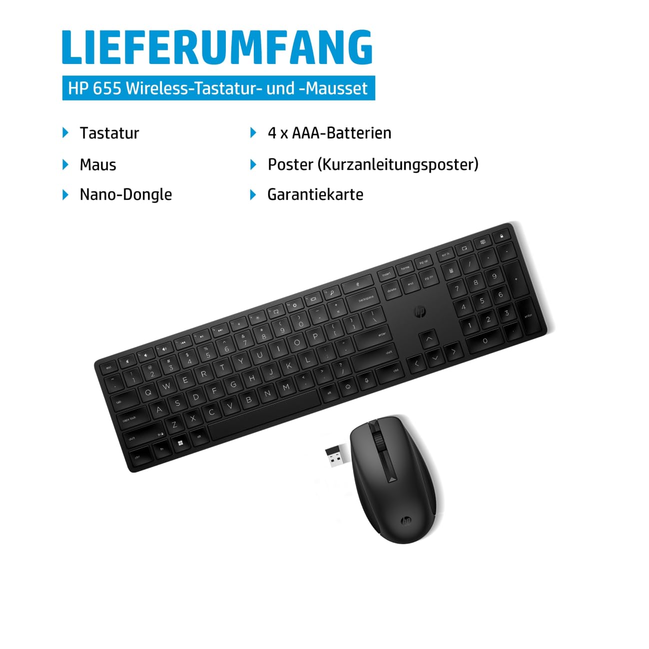 HP 655 Wireless Keyboard and Mouse Combo - 2.4GHz, QWERTZ German Layout, Black - Compatible with HP Pro X360 Fortis 11 G9 & ProBook 445 G9 Laptops - Perfect for Office Work, Home Computing & Remote Learning