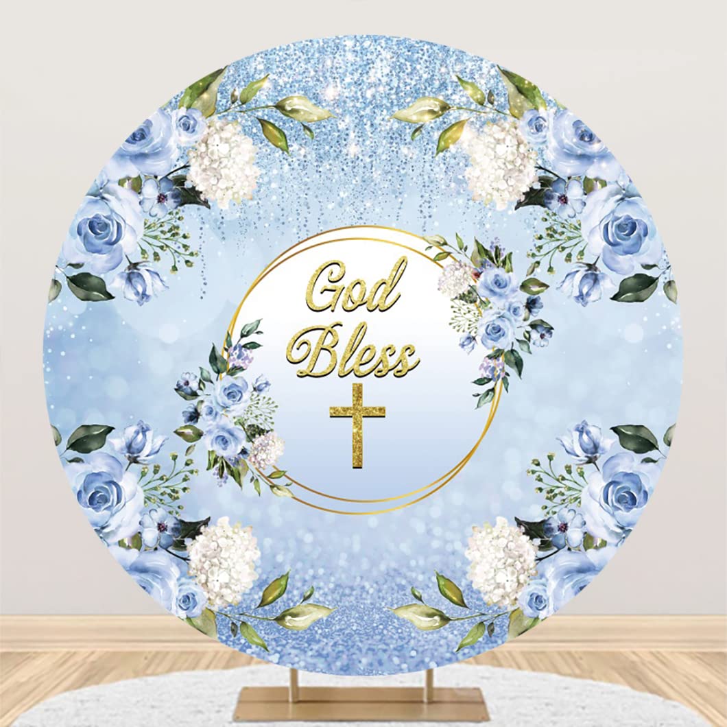 7ft Round God Bless Photography Backdrop with Golden Cross & Blue Flowers - Polyester First Holy Communion, Christening, Newborn Baby Baptism Background for Church Events & Religious Celebrations
