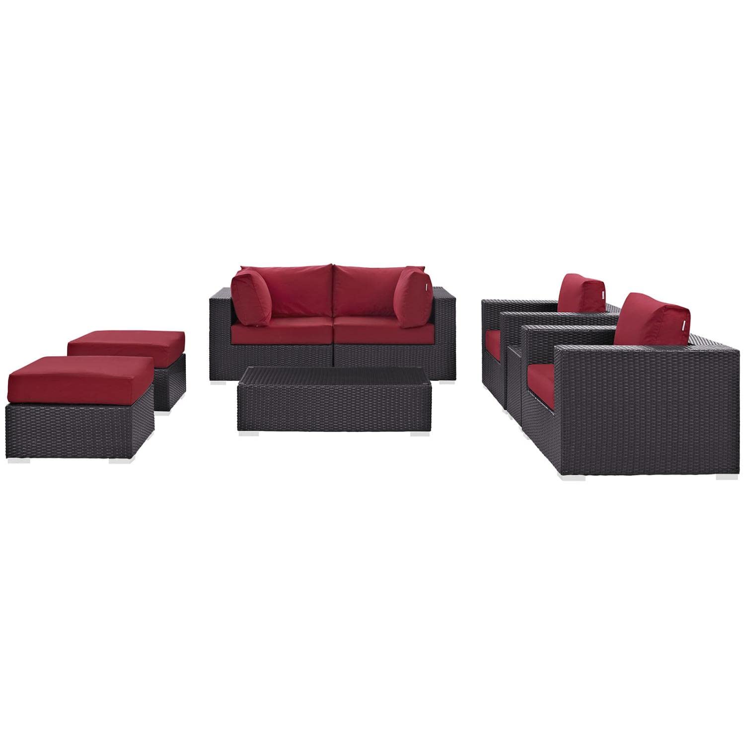 Modway Convene 8-Piece Outdoor Patio Sectional Set - Espresso Red Wicker Furniture for Backyard, Garden & Poolside Relaxation