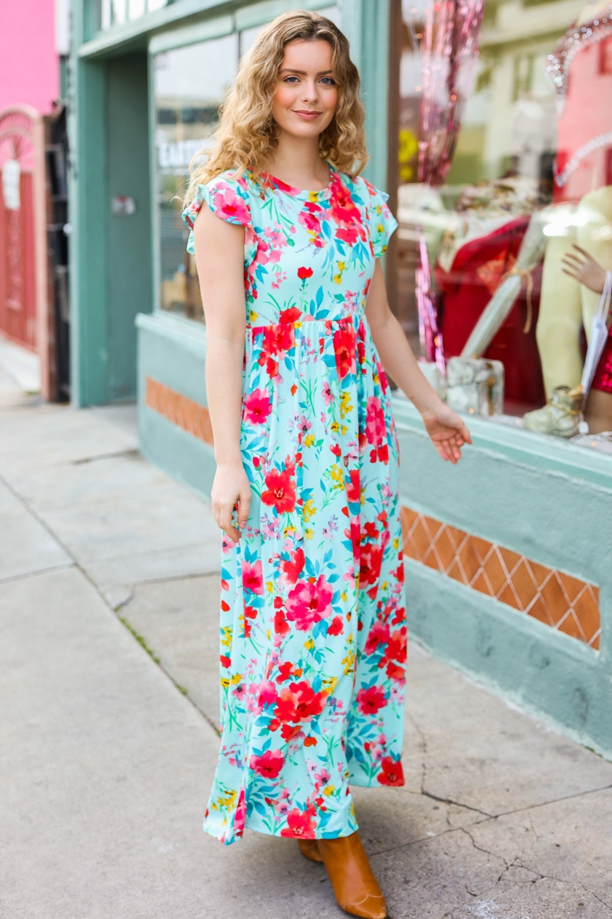 Aqua Floral Fit & Flare Maxi Dress for Women - Summer Beach Wedding Party Dress - Flowy Long Dress with V-Neck & Ruffle Hem