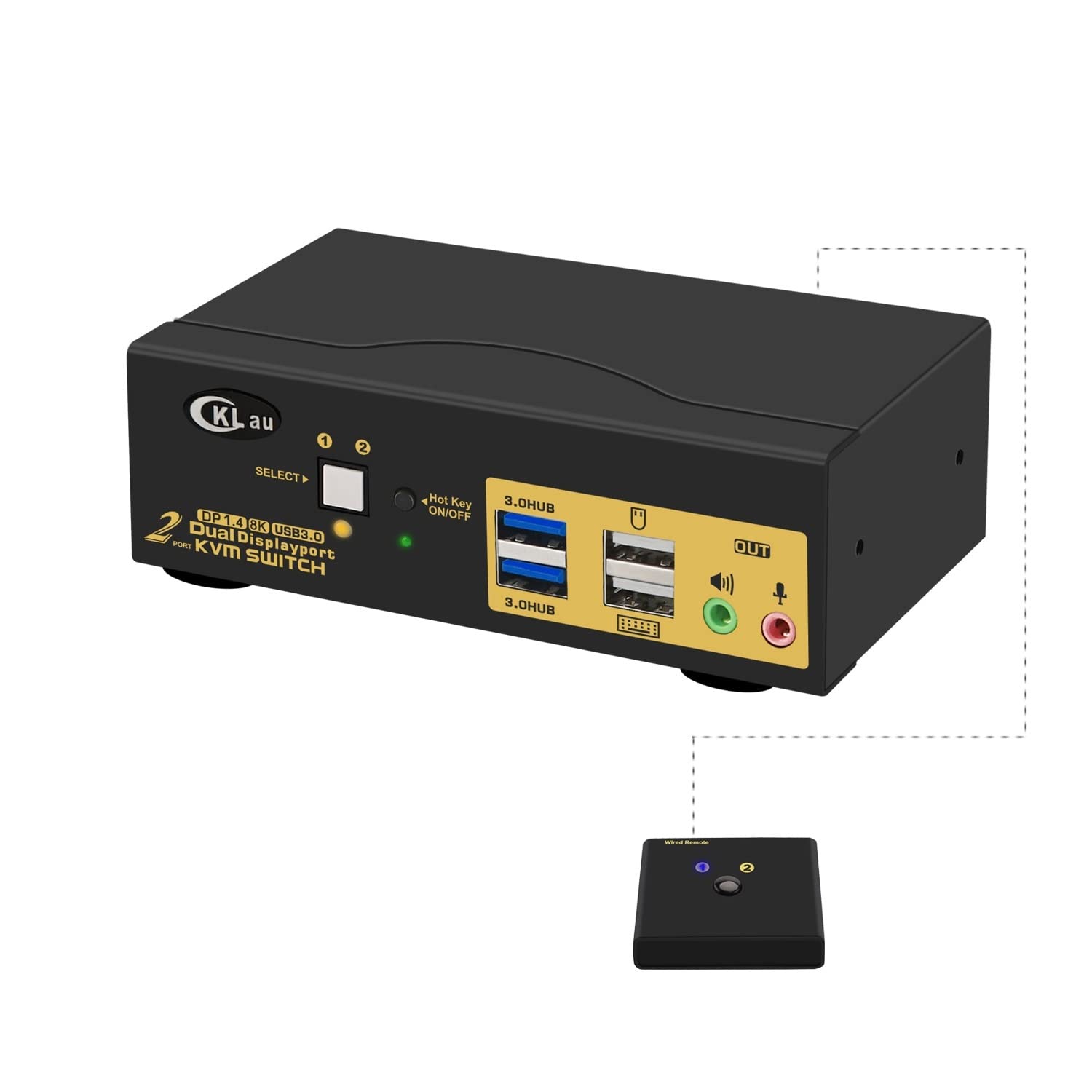 CKLau 2 Port USB 3.0 Dual Monitor KVM Switch - DisplayPort 1.4 8K@30Hz 4K@144Hz with Audio & Cables - Control 2 Computers with Hotkey Switching - Perfect for Home Office, Gaming & Multi-Tasking Workstations