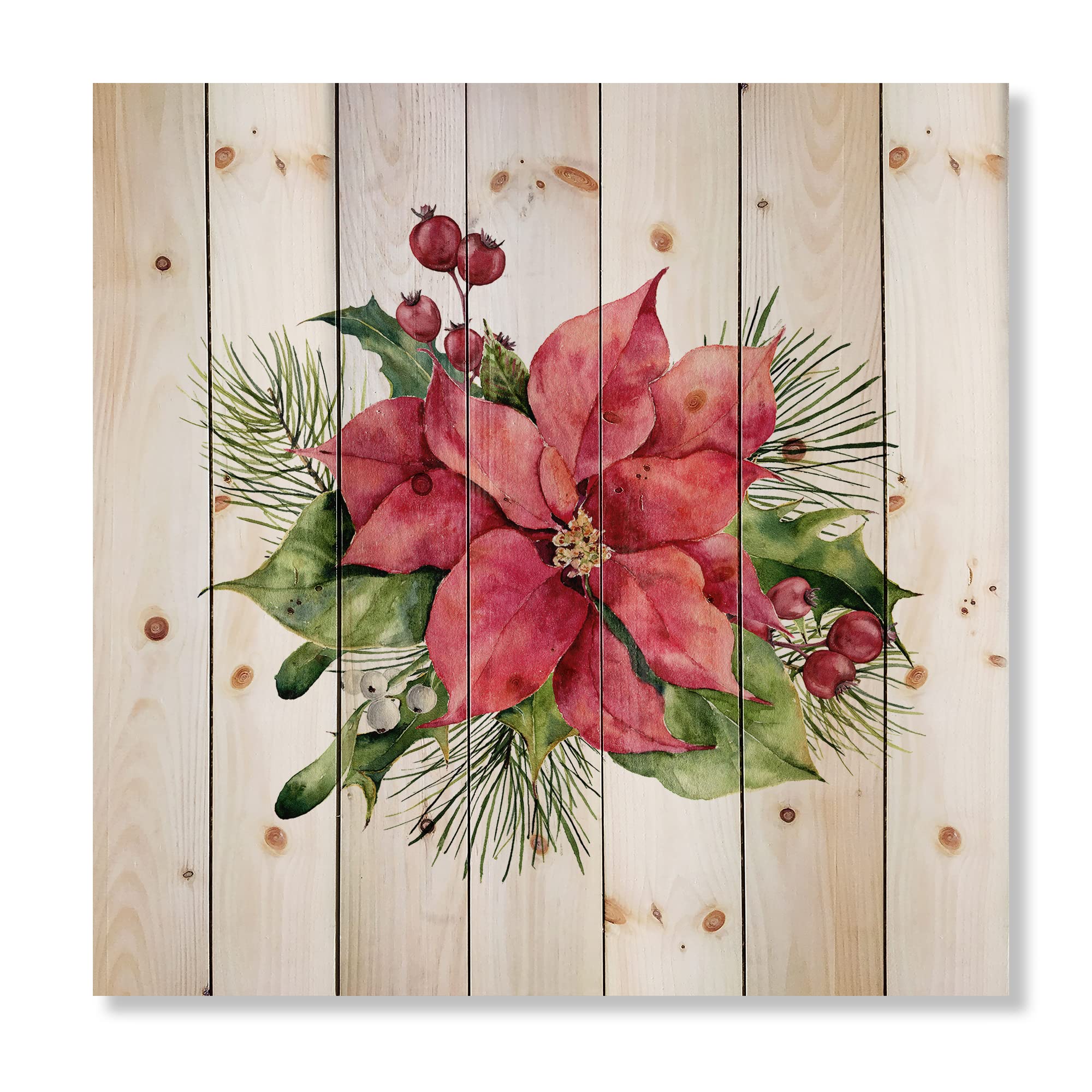 DesignQ Holly Mistletoe Berries & Christmas Fir Branch Wood Wall Decor - Traditional Red Wood Wall Art, Large Floral Pine Wood Panels - Perfect for Holiday Home Decor, Christmas Tree Wall Accent & Rustic Farmhouse Interior Design