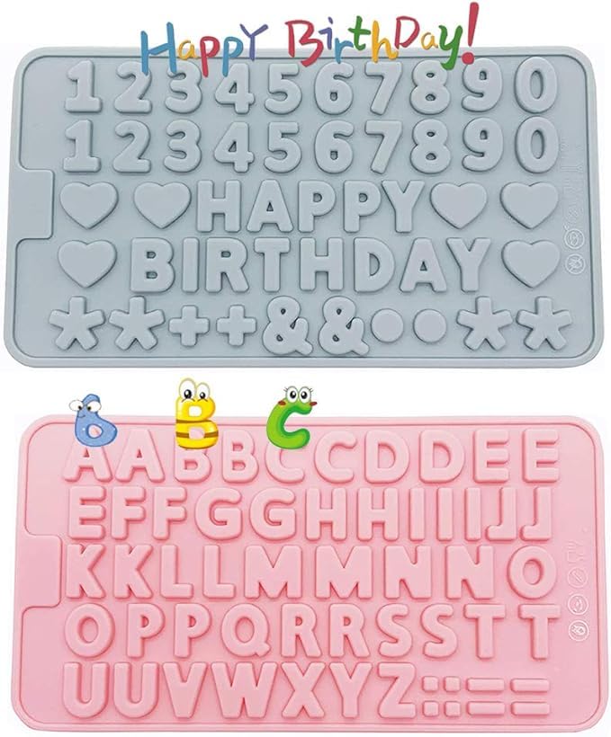 LEGACYCART 2-Piece Alphabet & Number Chocolate Molds Set - Happy Birthday Symbols, Heart Shapes for Cake Decorating, Candy, Fondant, Biscuit & Gummy Desserts | Perfect for DIY Baking, Party Treats & Holiday Desserts