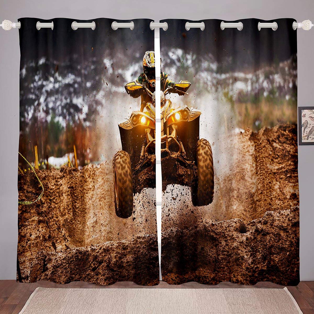 Erosebridal Boys Motorcycle Window Curtains - Youth Motocross Racer Themed Blackout Drapes for Kids & Teens Room Decor, Dirt Bike Racing Curtain Panels 84x63 Inches, Brown - Perfect for Bedroom, Game Room & Extreme Sports Fans