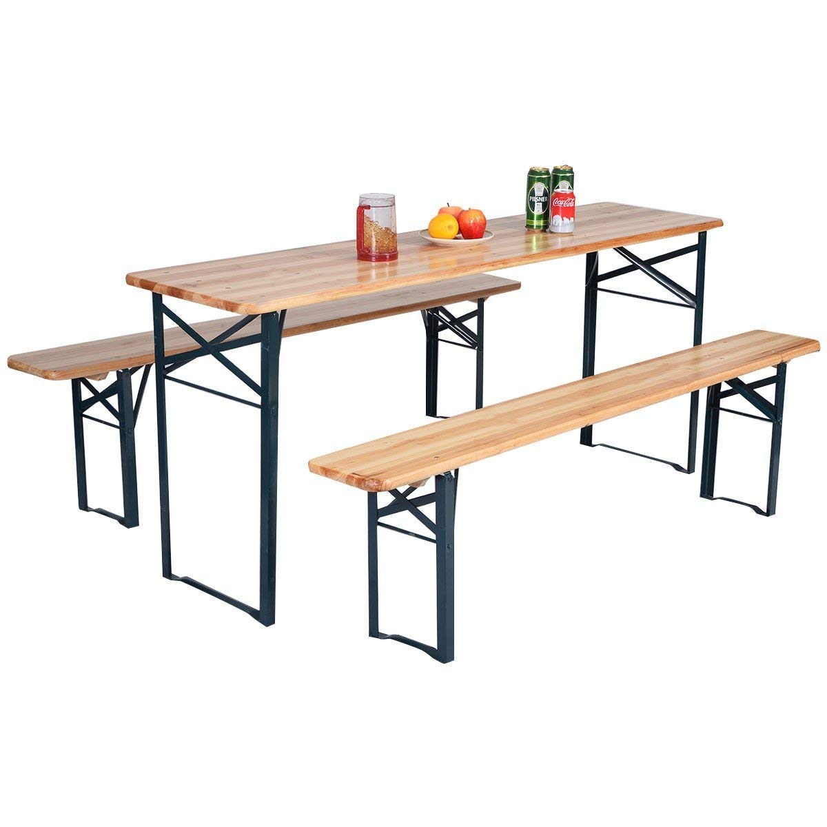 3-Piece Folding Wooden Beer Table Bench Set - Portable Outdoor Picnic Table for Patio, Garden, Backyard & Camping Use