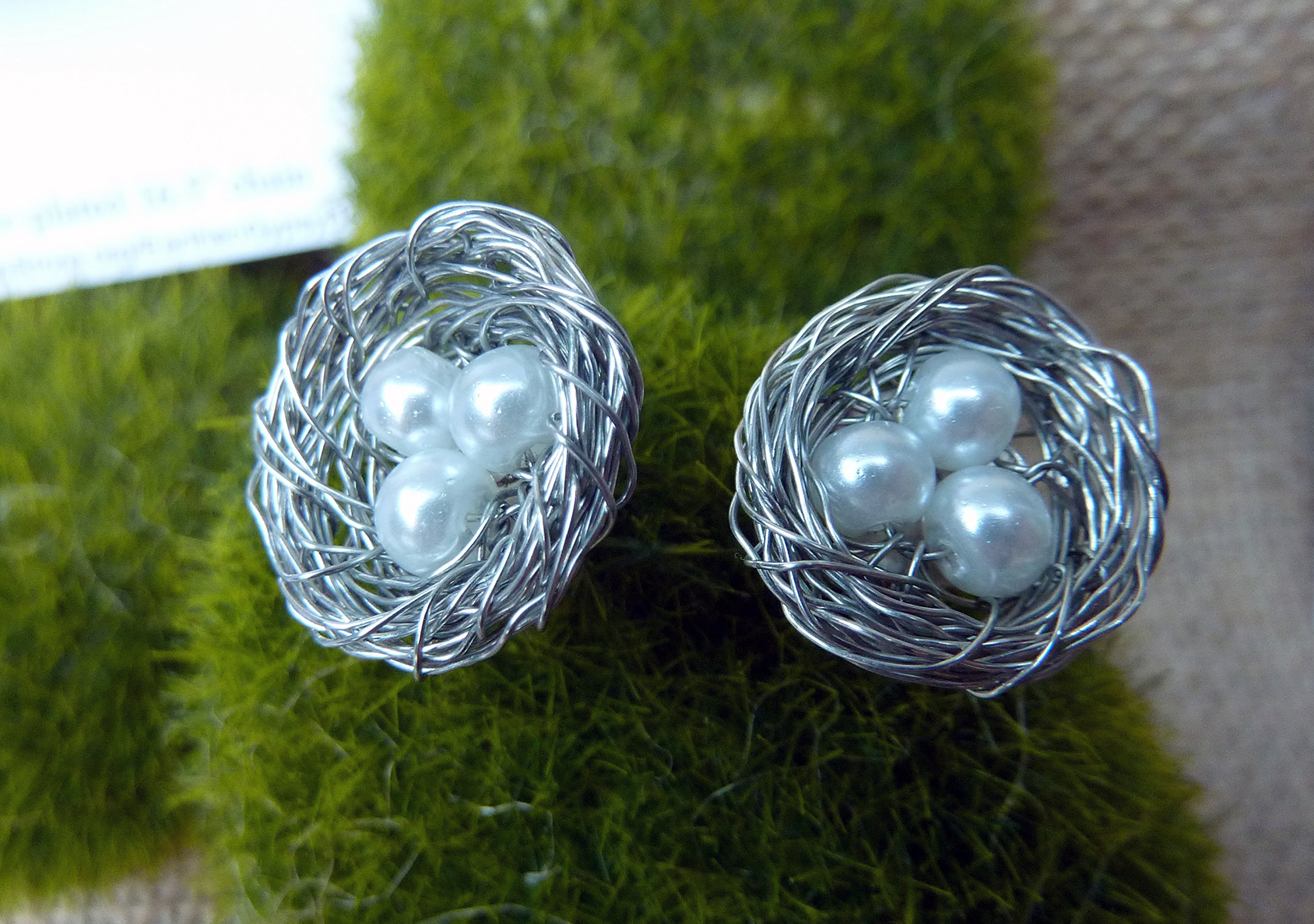 Elegant Stud Earrings - Wire Wrapped Bird Nest Design with 3 Shimmering White Pearl Eggs | Perfect for Weddings, Parties & Everyday Jewelry