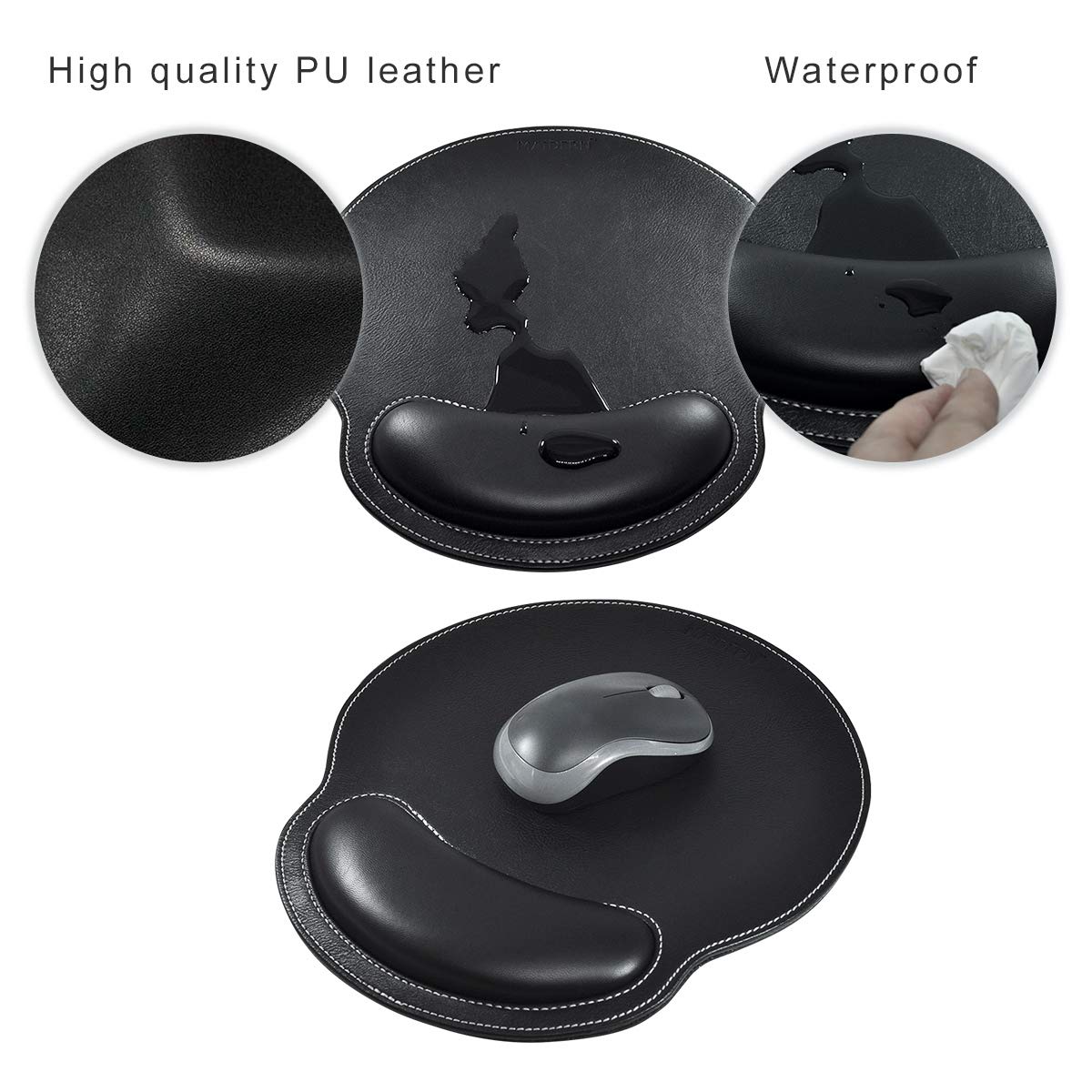 Ergonomic Mouse Pad with Wrist Support - PU Leather Memory Foam Desk Pad for Pain Relief, Waterproof Surface - Perfect for Home Office, Gaming & Computer Work (Black)