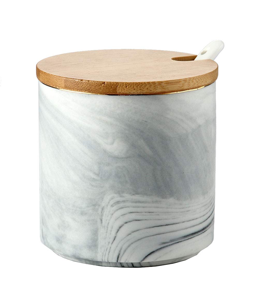 Ceramic Marbling Sugar Salt Pepper Storage Jar with Lid and Spoon - Airtight Spice Container for Kitchen, Dining Table & Coffee Bar Organization