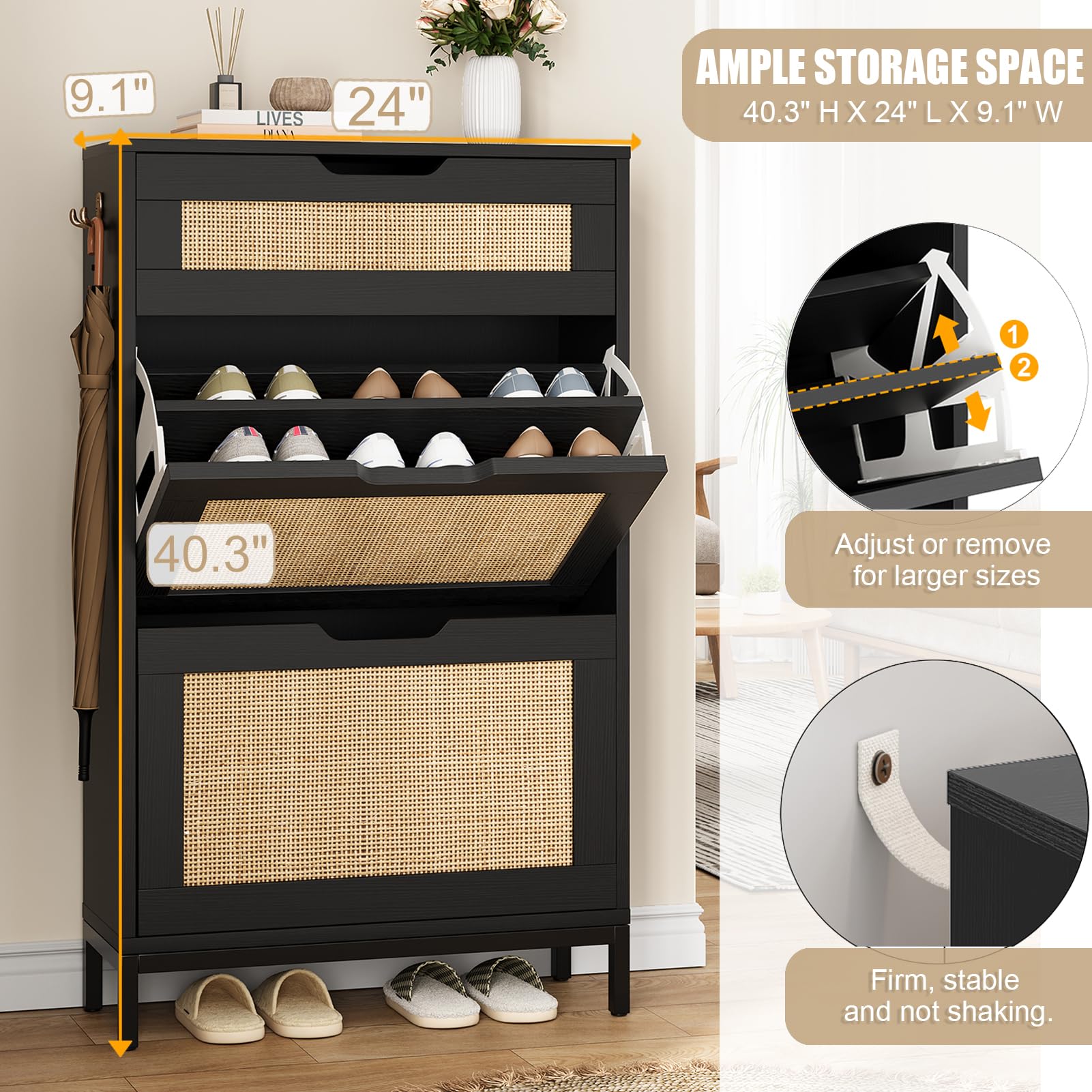 Modern Rattan Shoe Storage Cabinet - Narrow Entryway Shoe Organizer with 2 Flip Drawers, Free Standing Boho Style Shoe Rack for Hallway & Foyer - Perfect for Small Spaces & Hidden Shoe Storage (Black)