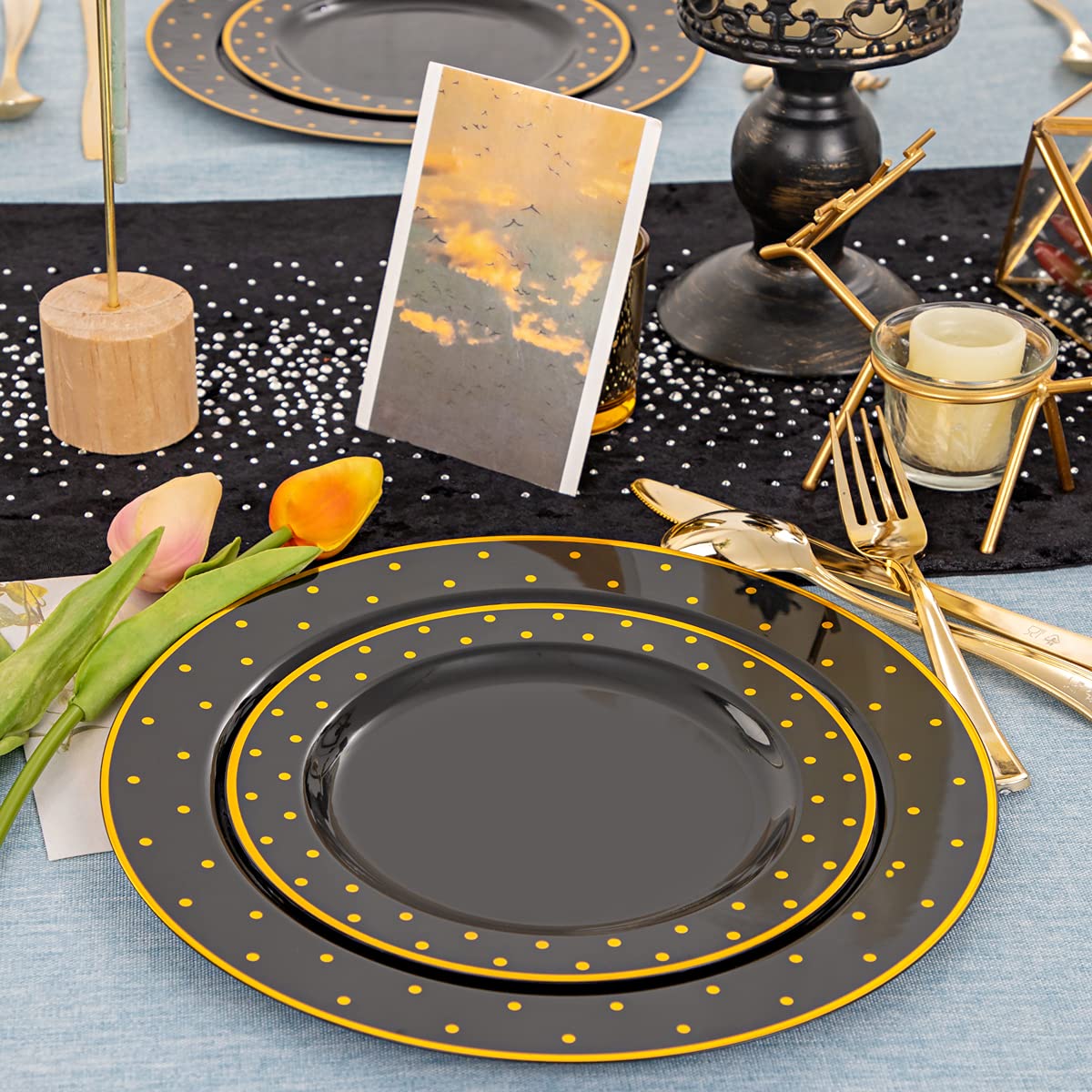 DaYammi 200-Piece Black and Gold Disposable Plastic Party Plates Set - Includes 40 Dinner Plates, 40 Dessert Plates, 40 Forks, 40 Knives & 40 Spoons - Elegant Tableware for Weddings, Birthdays, Anniversaries & Special Events
