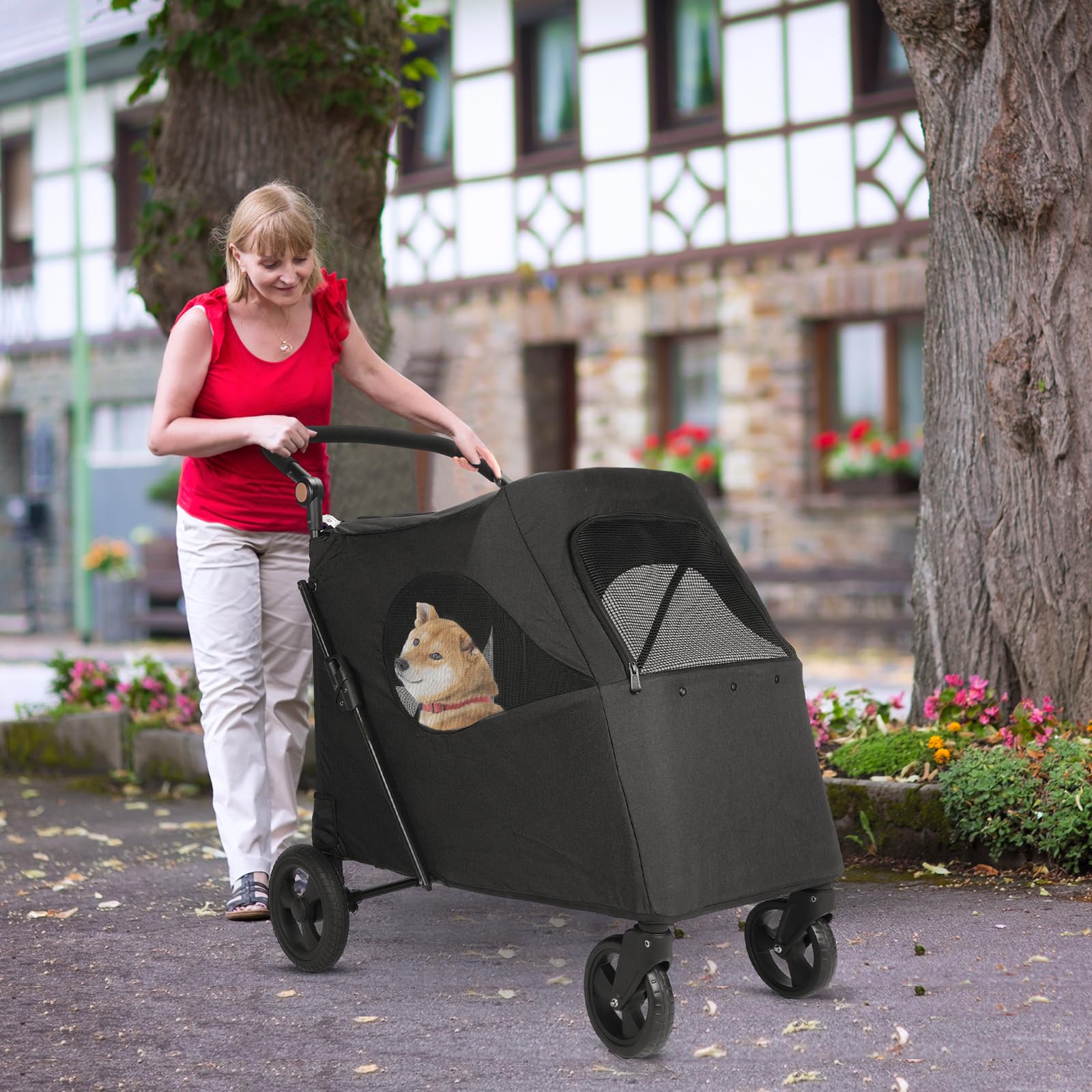 Timati 4-Wheel Large Dog Stroller - Foldable Travel Pet Wagon with Adjustable Handle & Zipper Entry - Breathable Mesh Skylight Cat Stroller for Medium Dogs 20-30 lbs (Supports up to 120 lbs) - Perfect for Outdoor Walks, Vet Visits & Shopping Trips (Black)