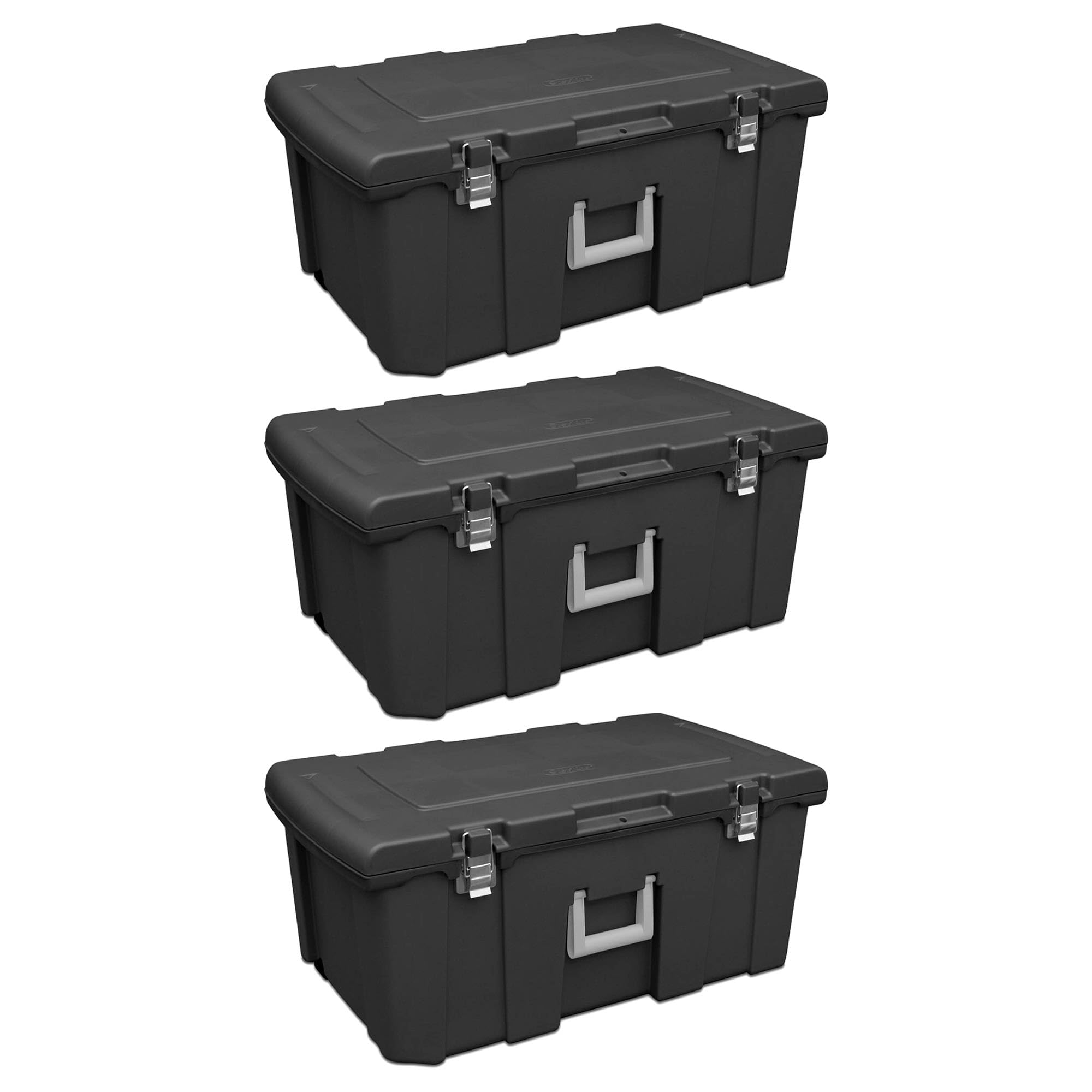 Sterilite 3-Pack Wheeled Storage Trunk with Lock - Durable Plastic Footlocker for Travel, College Dorm, Camping & Home Organization (Black)