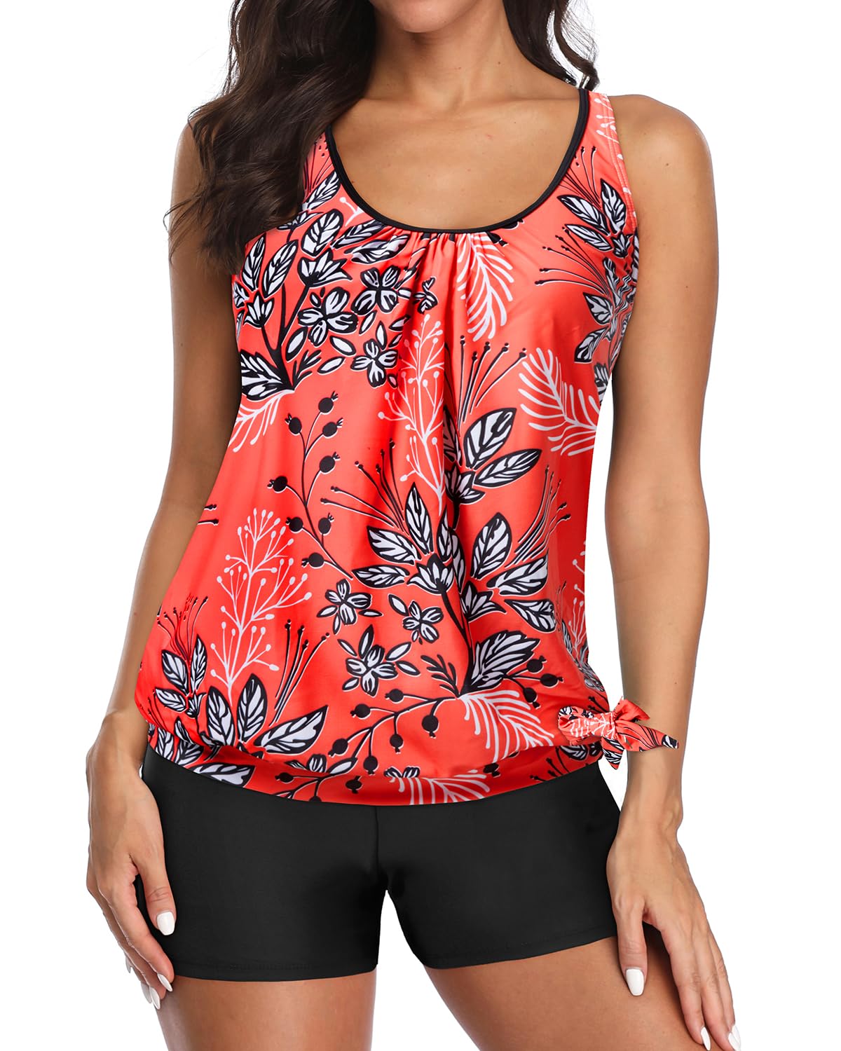 Yonique Women's 2 Piece Swimsuit - Blouson Tankini Top with Tummy Control Shorts | High Waisted Bathing Suit for Beach, Pool & Vacation | Plus Size Swimwear