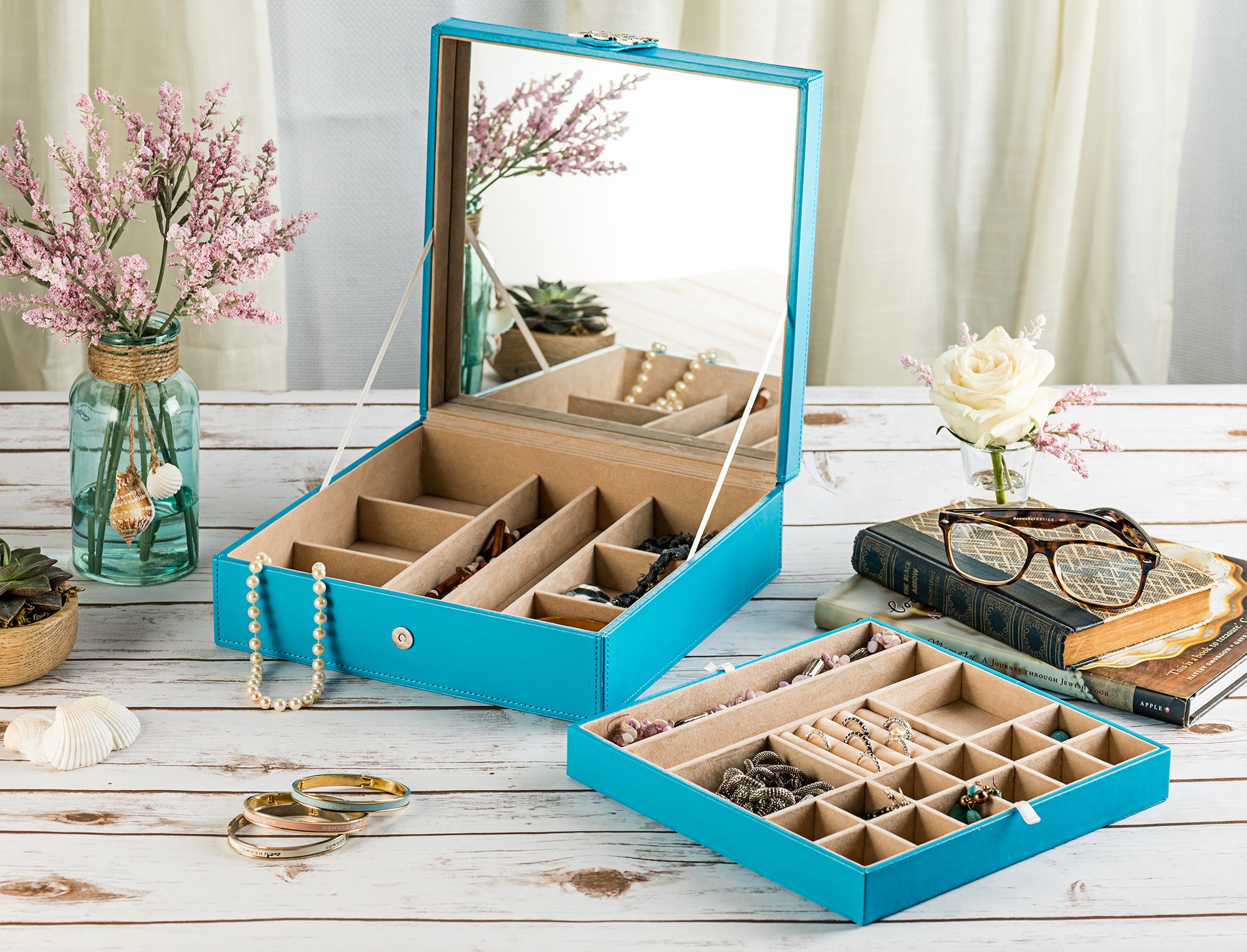 Co Jewelry Box - 28-Section Jewelry Organizer with Modern Buckle Closure, Large Mirror & 2 Trays | PU Leather Jewelry Storage for Women, Teens & Girls | Holds Earrings, Rings, Necklaces, Bracelets & Watches | Perfect for Bedroom Vanity, Travel & Gift (Blue)