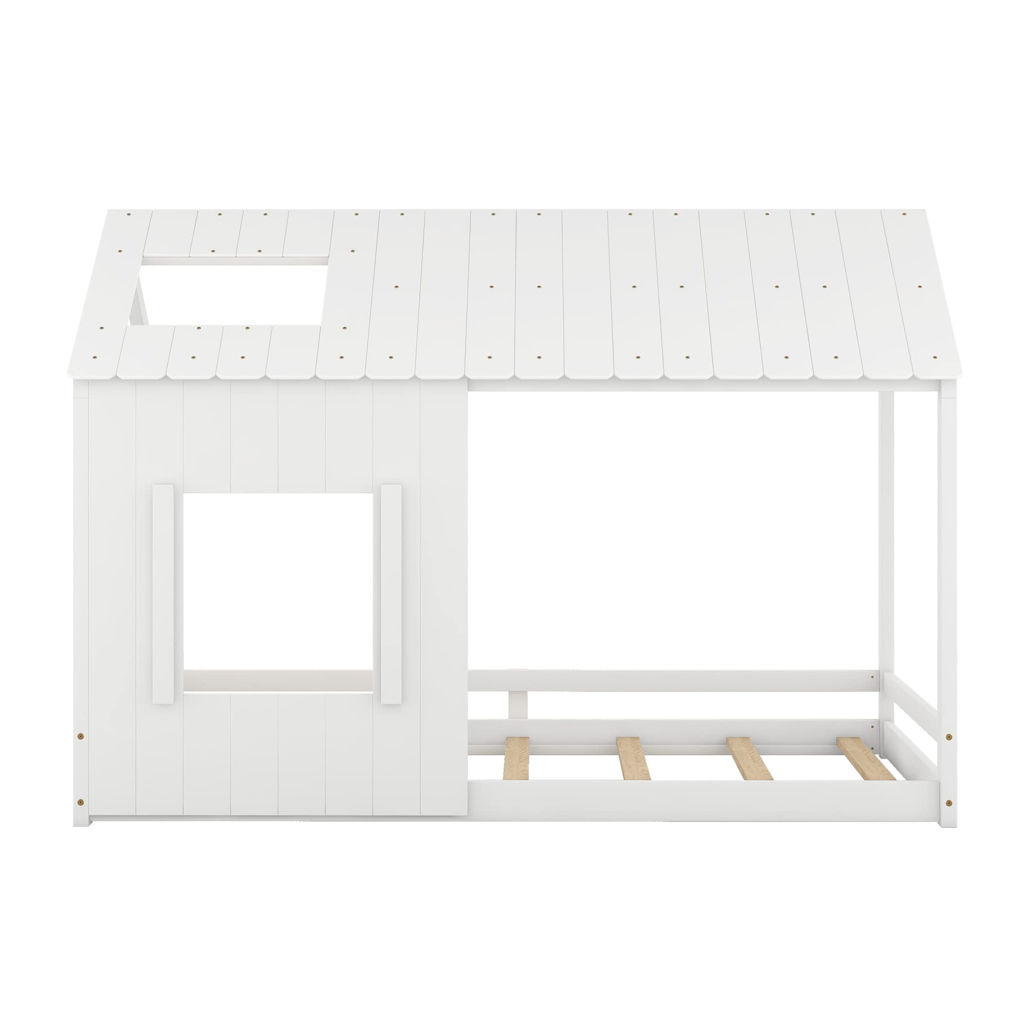 Montessori Twin Size Floor Bed with Roof & Window - Solid Wood Platform Bed Frame for Kids, Teens, Girls & Boys - White - Perfect for Playrooms, Bedrooms & Montessori Learning Spaces