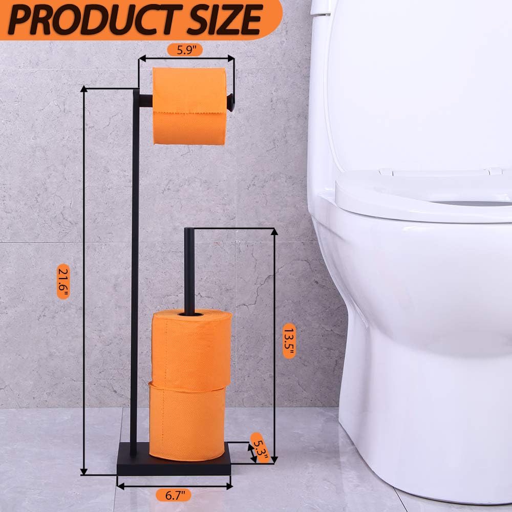 GERZWY SUS 304 Stainless Steel Free Standing Toilet Paper Holder - Matte Black Bathroom Tissue Roll Stand for Bathroom, Toilet, Powder Room & Guest Bath Decor