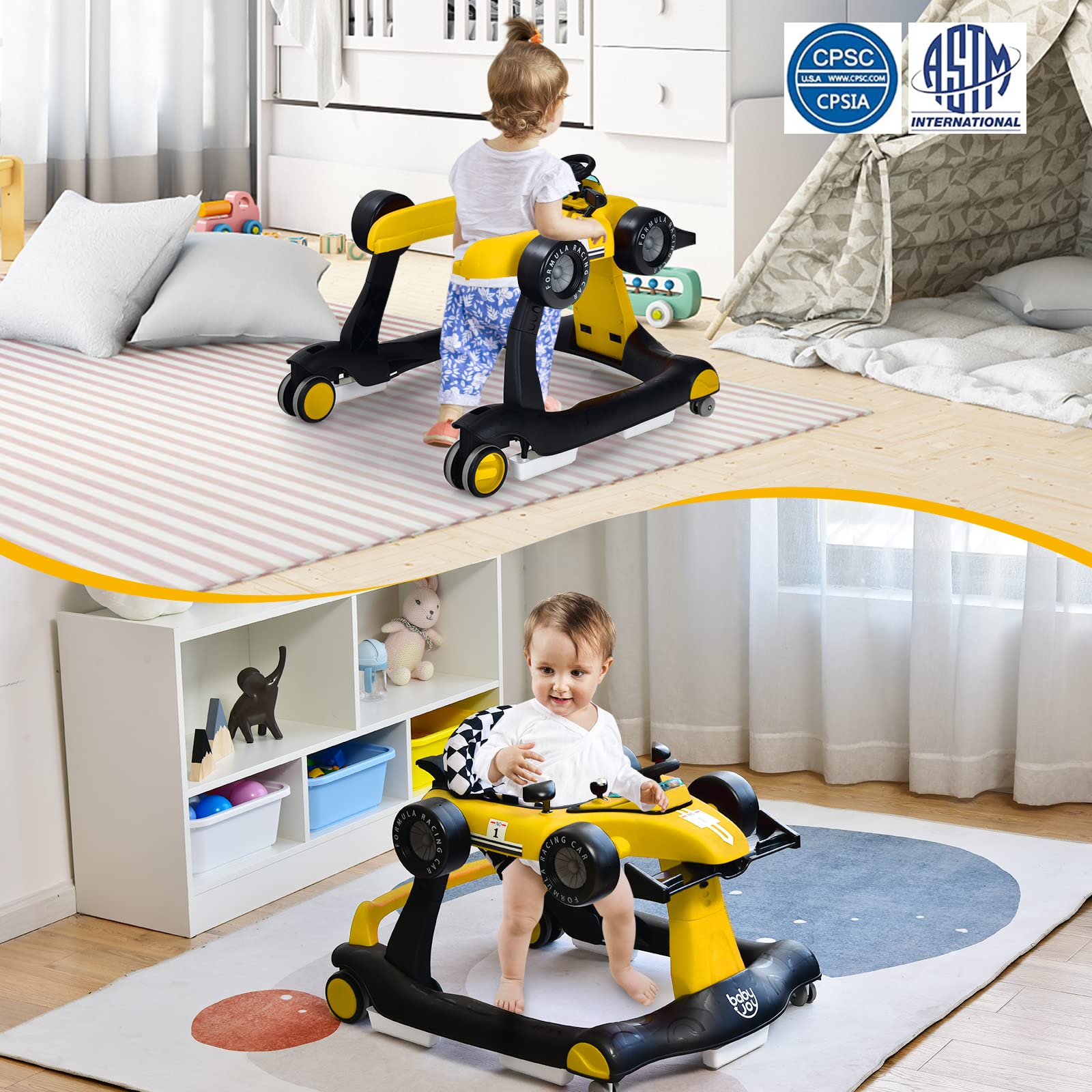 BABY JOY 4-in-1 Foldable Baby Walker with Adjustable Height & Speed - Interactive Music, LED Lights, Anti-Rollover Safety Design - Toddler Push Walker with Wheels for Boys & Girls 6-18 Months (Yellow) - Perfect for Learning to Walk, Indoor Play & Early Childhood Development