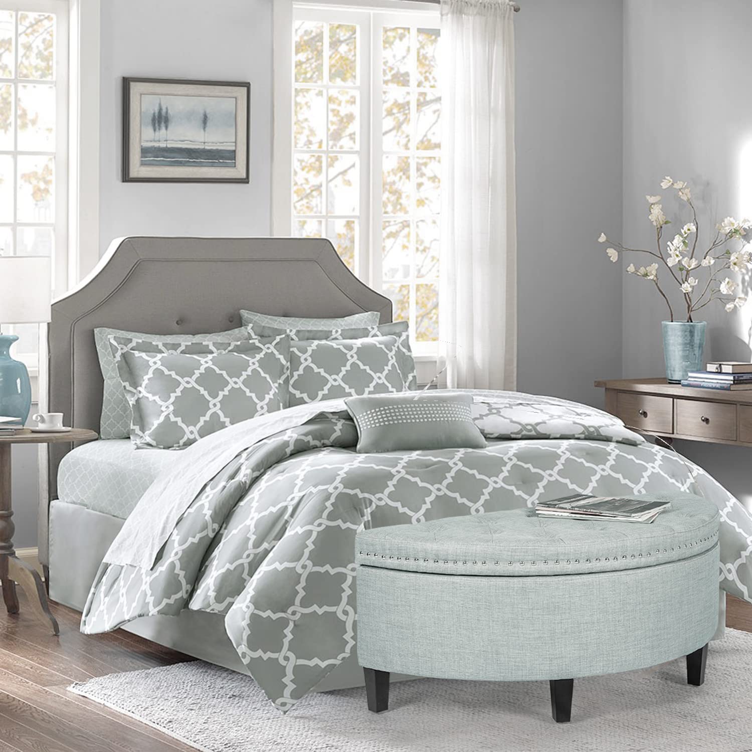 Adeco Half Moon Storage Ottoman - Upholstered Button Tufted Entryway Bench with Nailhead Trim, Footrest Stool & Coffee Table for Bedroom & Living Room - Pastel Blue | Perfect for Small Space Organization, Extra Seating & Stylish Home Decor
