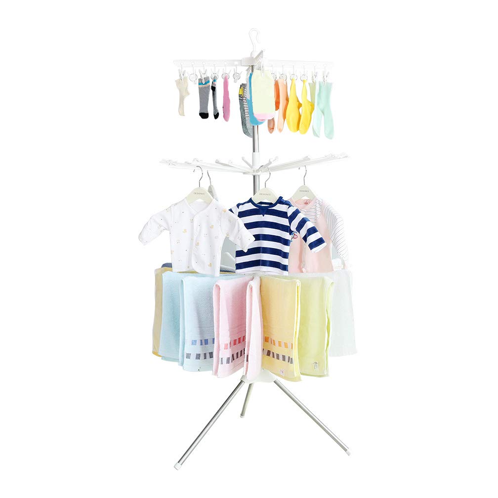 Foldable Clothes Drying Rack with 24 Clips & 32 Towel Bars - 3-Tier Space Saving Garment Hanger for Baby Clothes, Socks, Bibs, Underwear & More | Perfect for Laundry Room, Balcony & Small Apartments (Ivory)