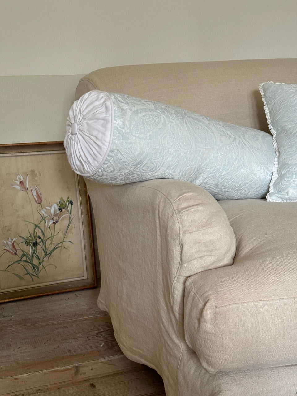 Elegant Pale Blue Damask Bolster Pillow - Luxury Home Decor for Sofa, Bed & Nursery - Perfect for Reading, Lounging & Nursery Decor