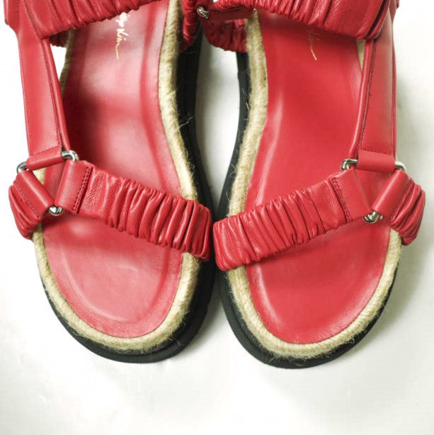 3.1 Phillip Lim Red Leather Platform Slide Sandals - Women's Fashion Sandals for Summer, Beach & Casual Outings