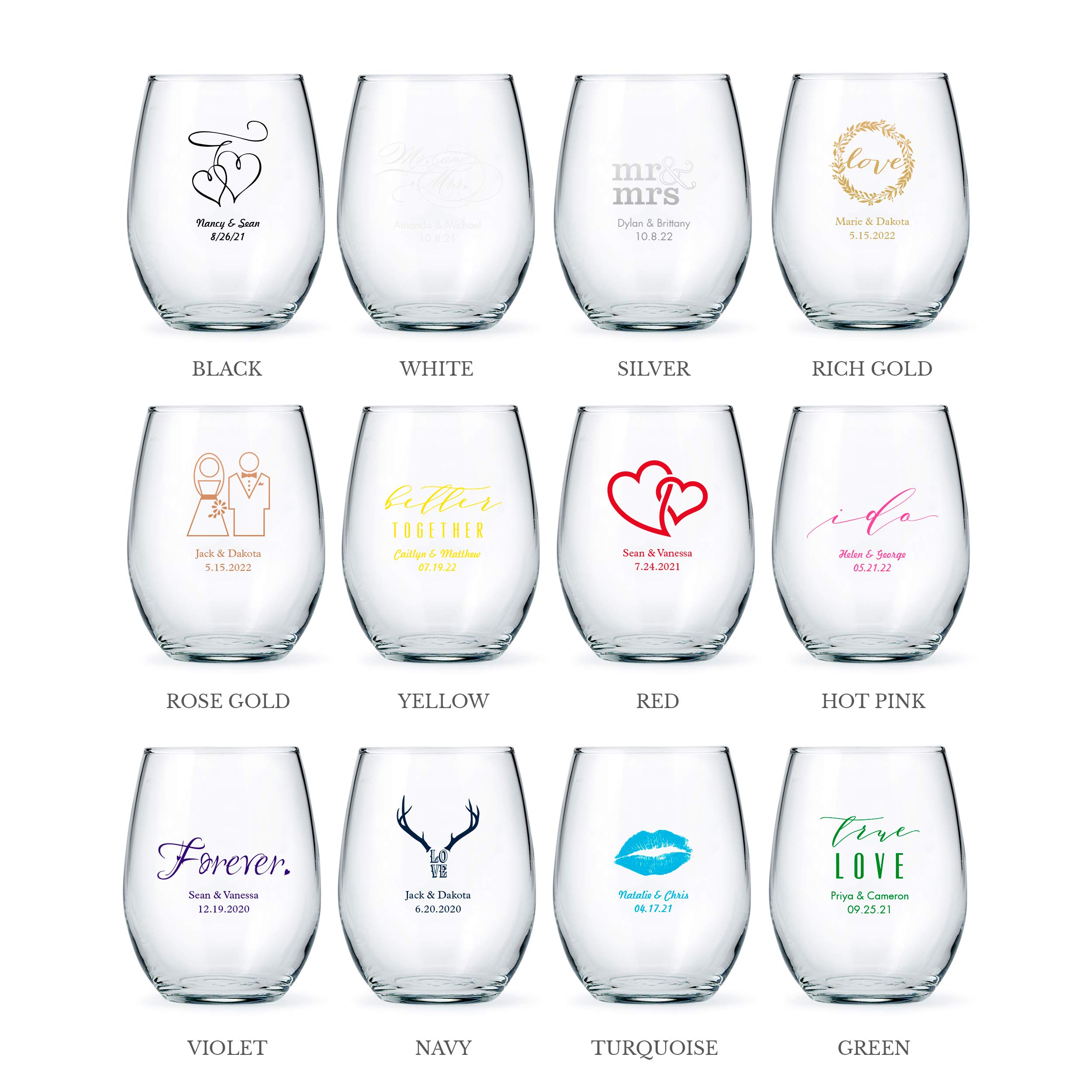 Personalized Large Stemless Wine Glass 15oz - 36 Pack Bulk Set for Weddings, Parties & Events | Custom Engraved Couple Gift, Bridal Shower Favors, Anniversary Celebration