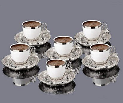 Premium Silver Turkish Coffee Set - 6-Piece Handcrafted Brass Pot & Cups for Authentic Brewing | Perfect for Home, Office & Gifting
