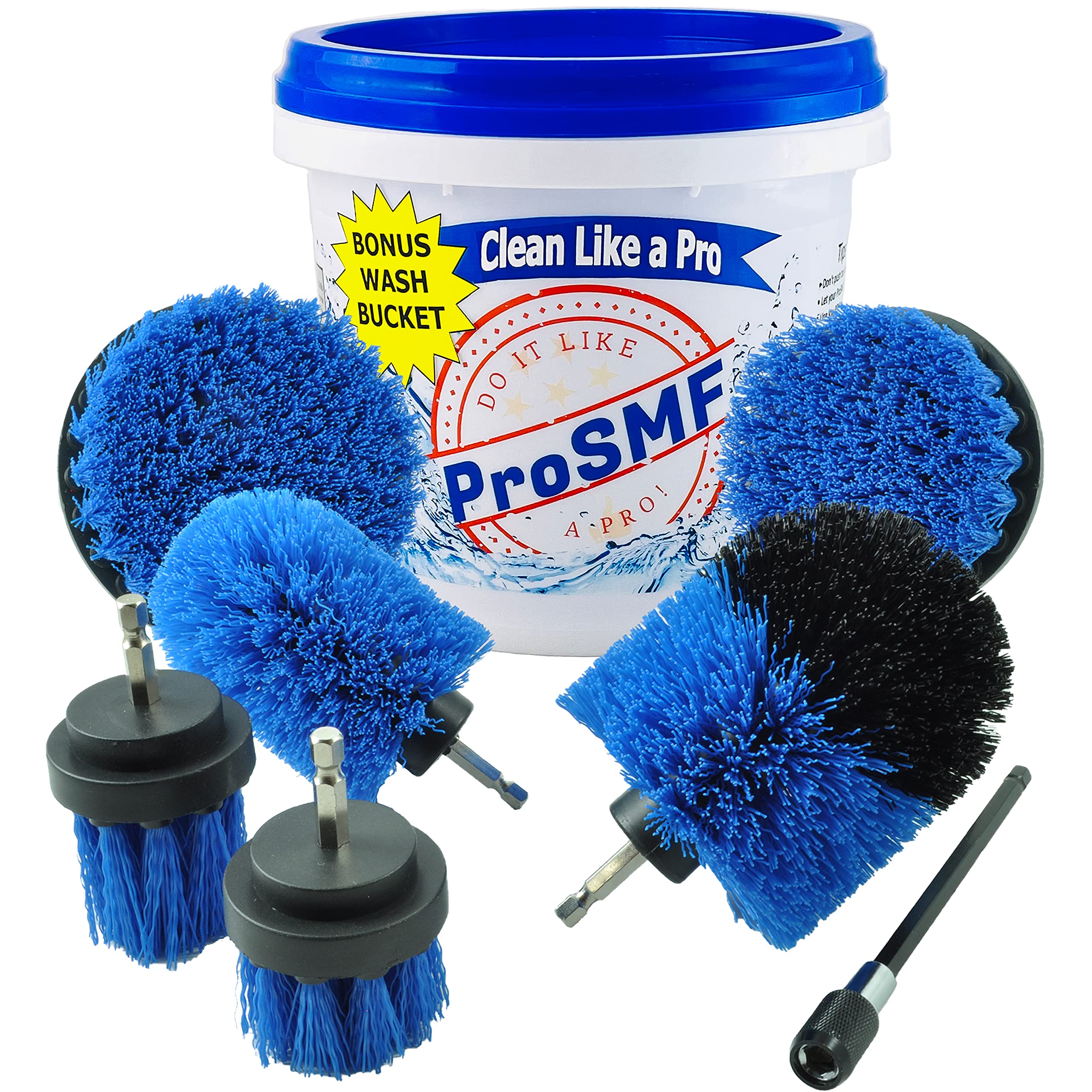 ProSMF Drill Brush Attachment Set - Power Scrubber for Marine, Boat, Pool Liner, Tile & Kayak Cleaning - Medium Bristle Drill Brush (Blue) - Perfect for Swimming Pools, RV, Deck & Outdoor Surface Cleaning