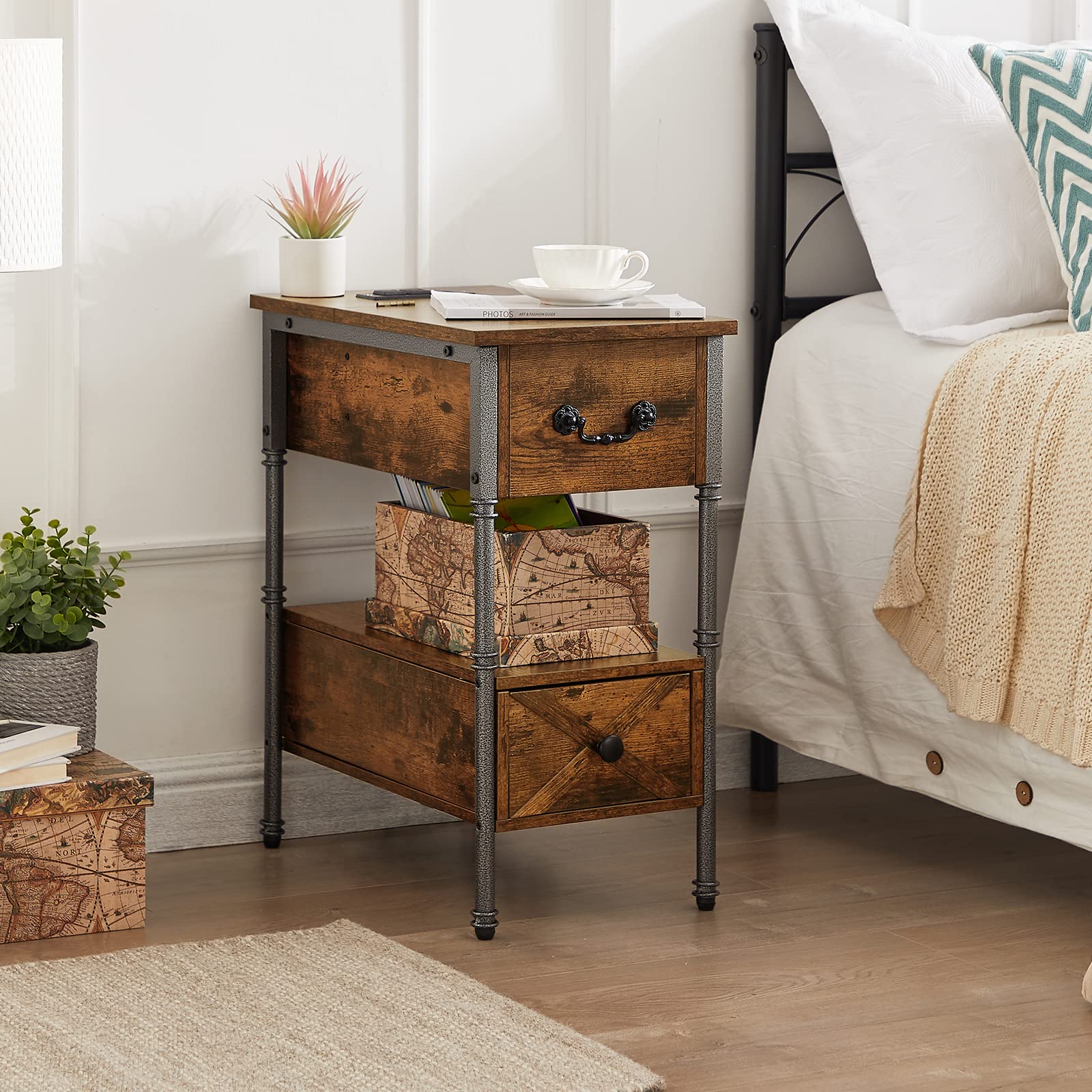 VECELO Narrow End Table with Charging Station - Flip Top Nightstand with USB Ports & Power Outlets, Storage Shelf & Drawer - Rustic Brown Side Table for Living Room, Bedroom, Office - Perfect for Small Spaces & Device Charging