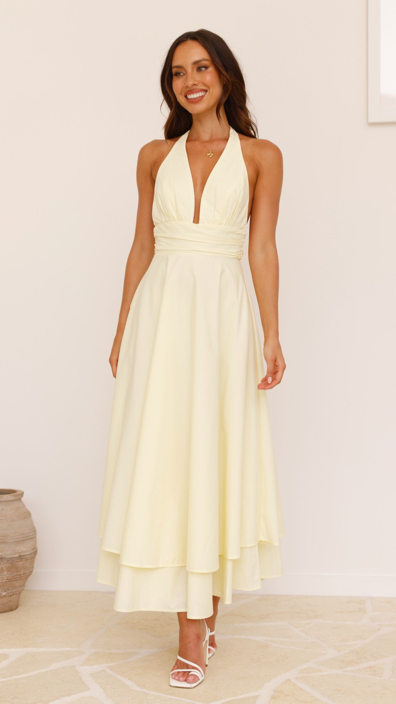 Kathy Halter Neck Maxi Dress in Lemon Yellow - Elegant Summer Beach Dress for Women, Perfect for Vacations, Weddings & Outdoor Parties