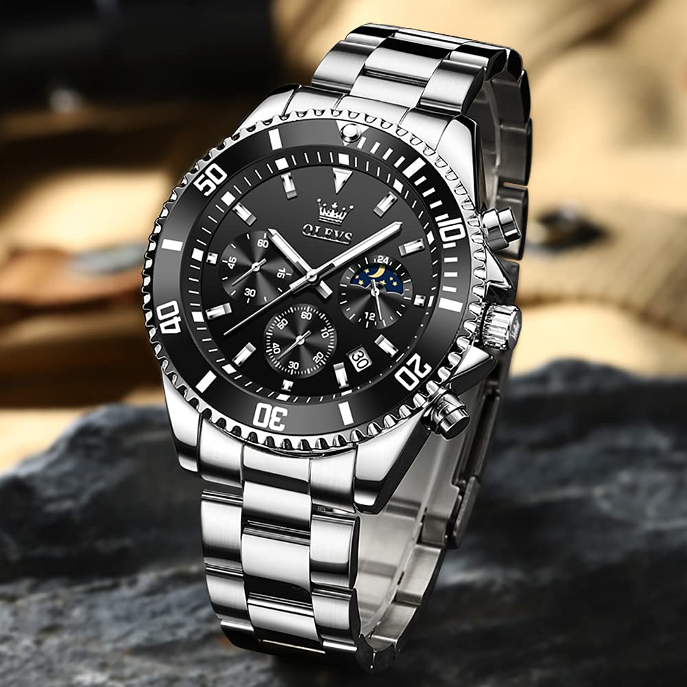 OLEVS Men's Luxury Stainless Steel Analog Quartz Watch - Big Dial, Day Display, Waterproof, Luminous, Rotatable Bezel - Classic Business Wristwatch for Formal & Casual Wear
