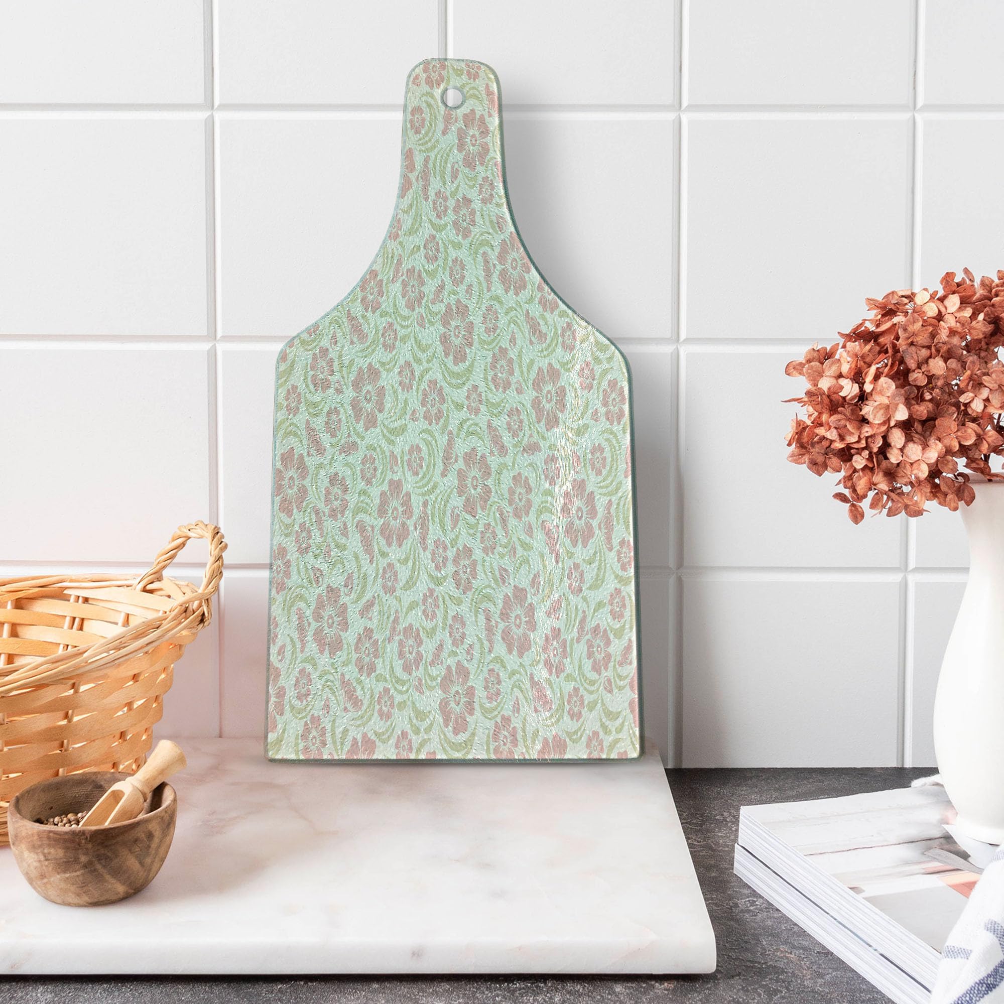 Vintage Floral Glass Cutting Board - Ambesonne Decorative Tempered Glass Serving Board with Rose & Briar Shrub Design, Wine Bottle Shape in Pale Green & White - Perfect for Cheese Charcuterie, Wine Pairing & Kitchen Decor