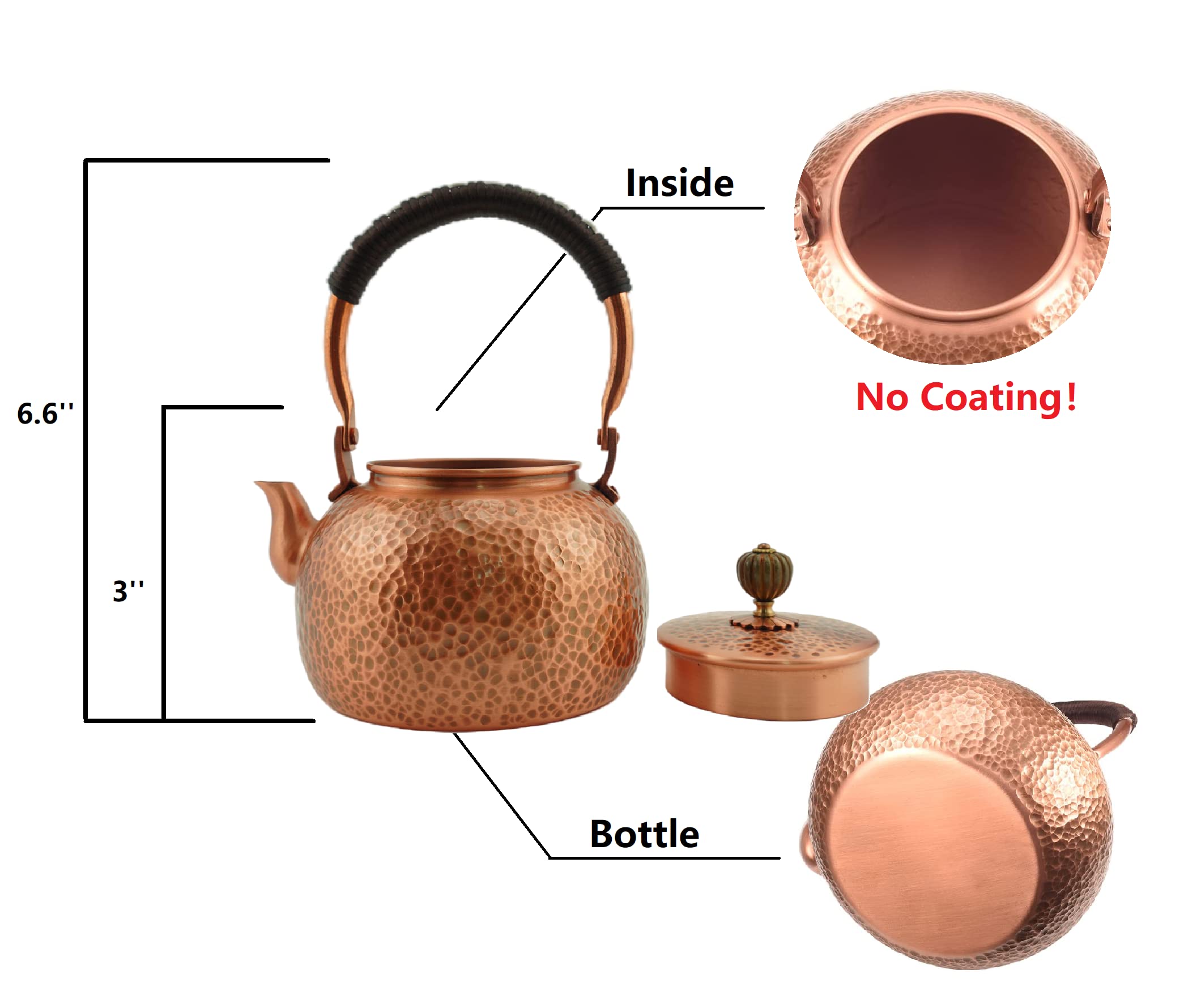 Handmade Solid Copper Tea Kettle - 600ml Hammered Stovetop Teapot for Gas & Induction Cooktops - Pure Copper Teapot for Brewing Loose Leaf Tea, Chai & Herbal Infusions - Perfect for Home, Office & Gift Giving