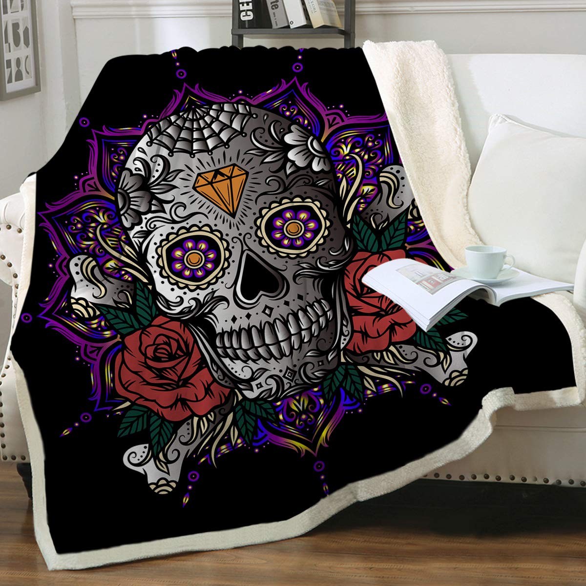 Sleepwish Purple Sugar Skull Sherpa Fleece Blanket - Ultra Soft 90x90 Inch Queen Size Throw for Bed, Couch & Sofa - Lotus Mandala Design with Rose Skull Pattern - Perfect for Cozy Nights, Movie Time and Home Decor