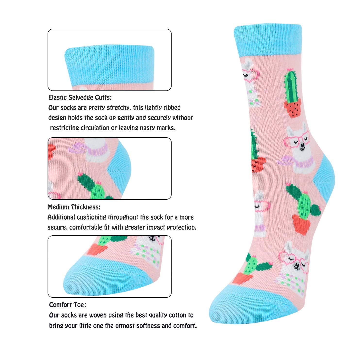 Zmart Animal Socks 5-Pack for Girls - Cute Llama, Unicorn, Corgi & Chicken Patterned Socks - Soft Cotton Kids' Socks for School, Play & Gifts