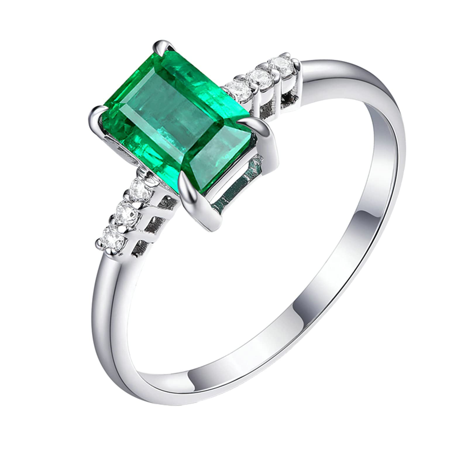 18K White Gold & 925 Sterling Silver Wedding Band for Women - Simple Vintage Moissanite/Zirconia Engagement Ring with Created Emerald | Perfect for Bridal Jewelry, Anniversary Gifts & Everyday Elegance