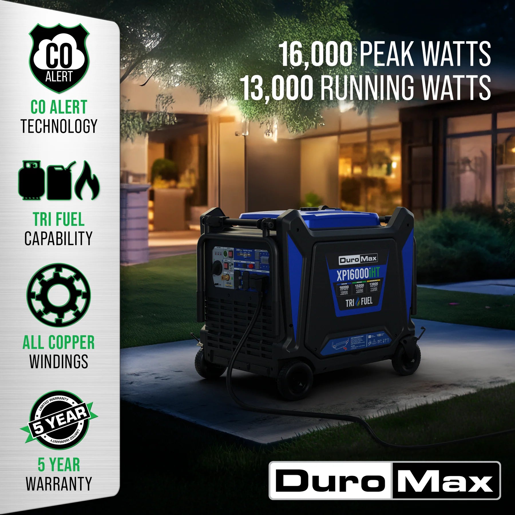 DuroMax XP16000iHT 13000W/16000W Tri Fuel Portable Generator - Gasoline, Propane & Natural Gas - Electric Start with CO Alert - Quiet Inverter Technology - Perfect for Home Backup, Camping & Emergency Power