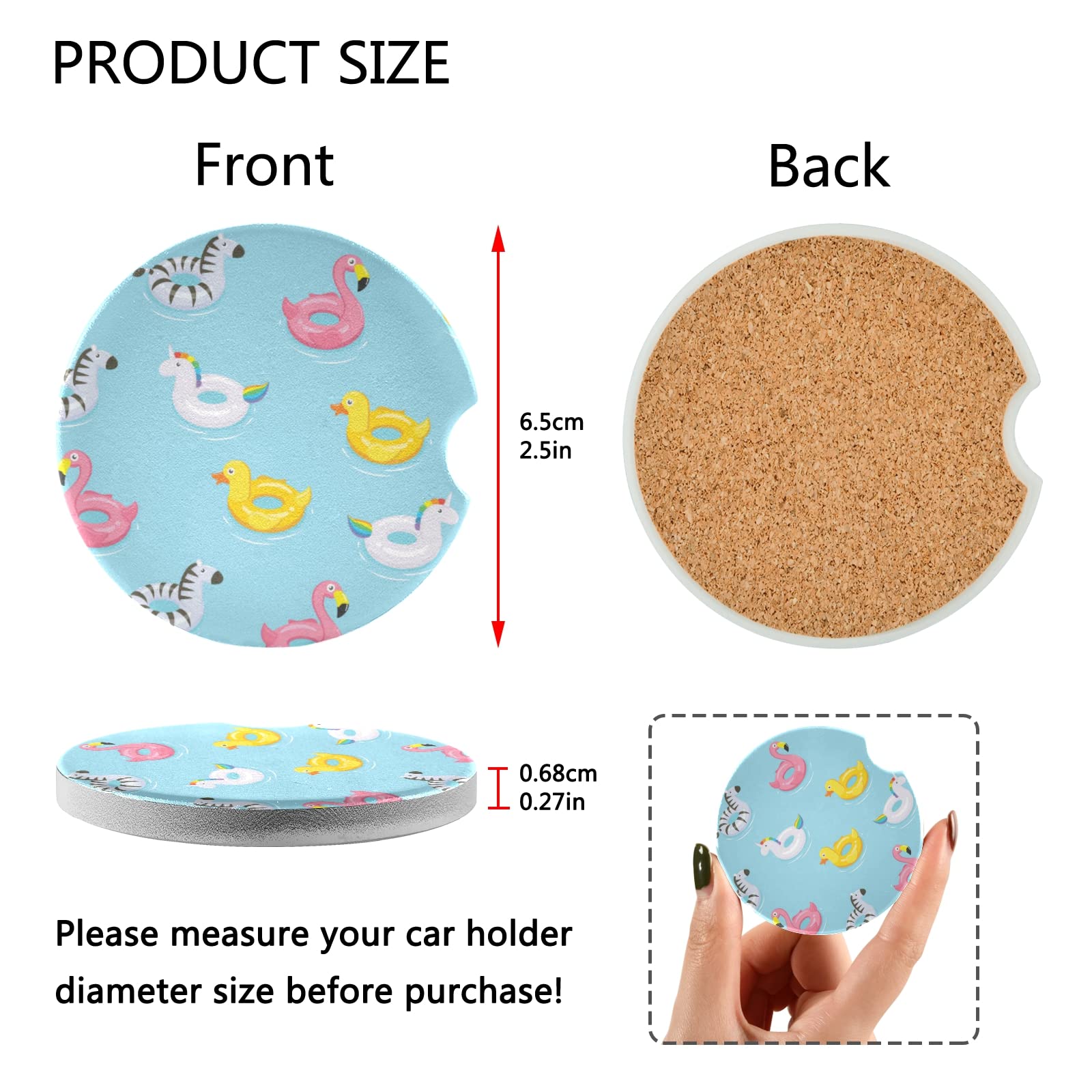 2-Pack Inflatable Rubber Duck Car Coasters with Cork Back & Finger Slot - Absorbent Cup Mats for Flamingo, Unicorn, Zebra Designs - Easy Removal Mug Holder Protects Car Seats - Perfect for Road Trips, Commuting & Daily Drives