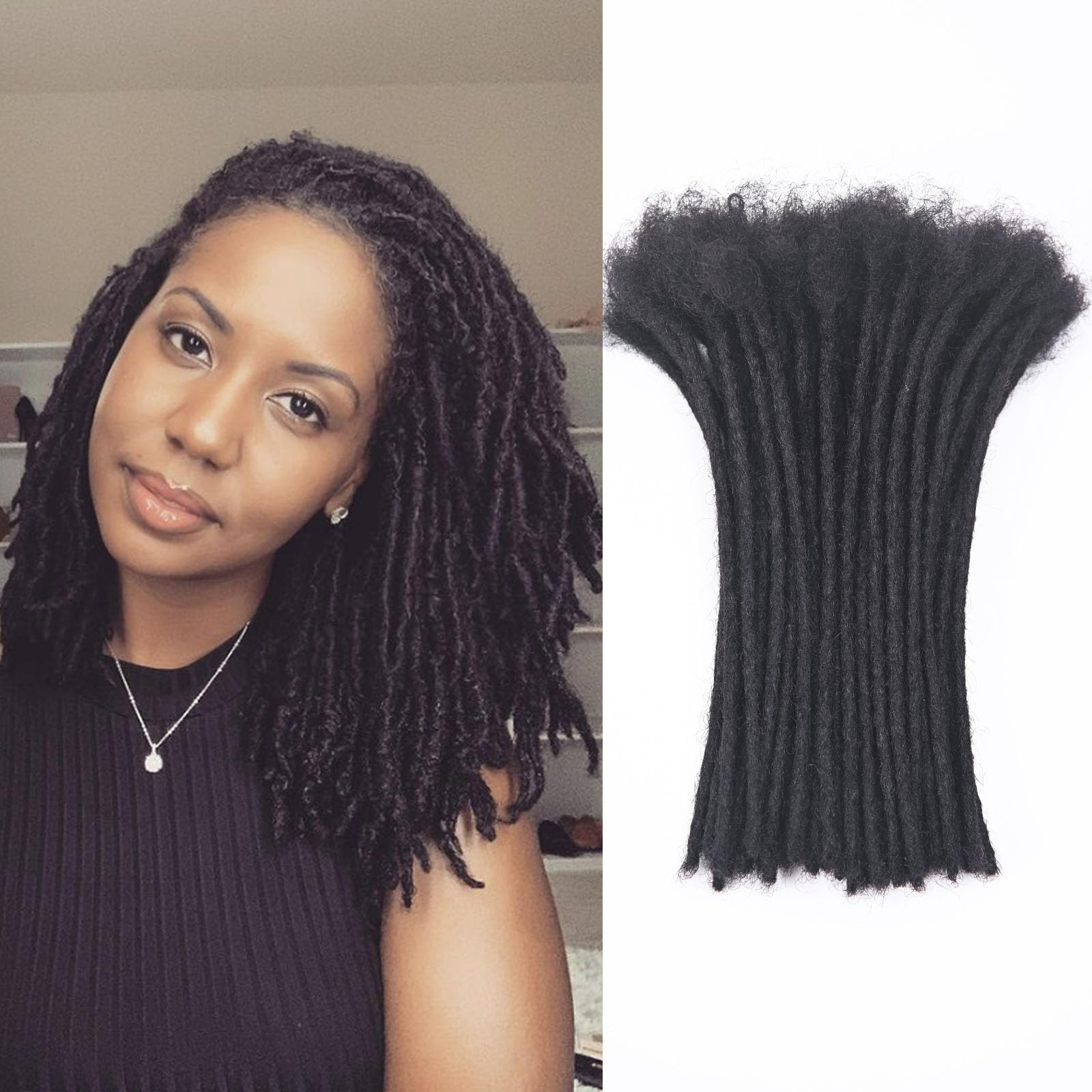 100% Human Hair Dreadlock Extensions 8 Inch 100 Strands - Handmade Permanent Loc Extensions for Women & Men (0.4cm Thickness, Natural Black) - Can Be Dyed, Bleached & Curled - Perfect for Protective Styles, Cosplay & Everyday Wear