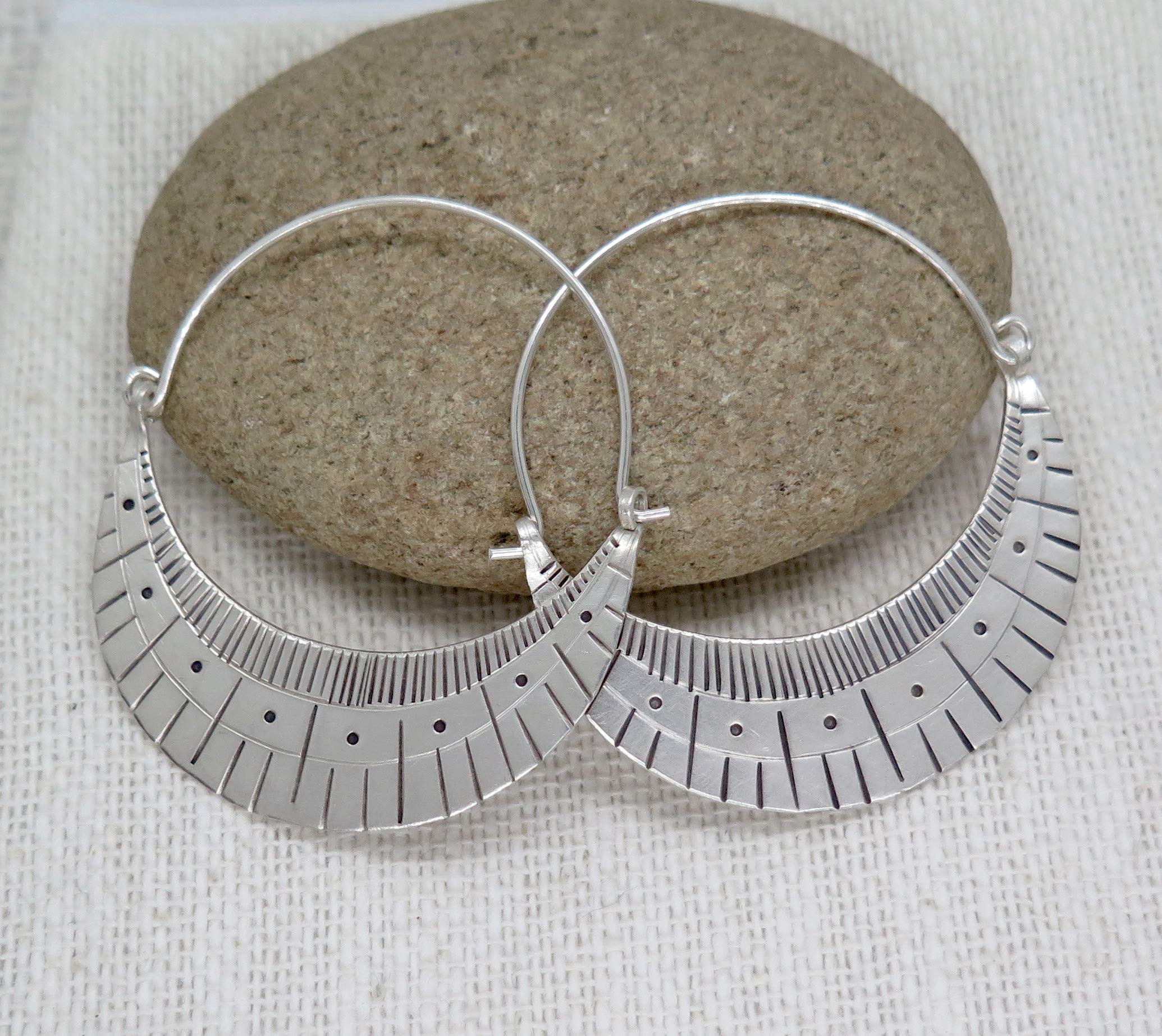 Handmade Sterling Silver Large Boho Statement Crescent Moon Hoop Earrings with Geometric Pattern Engraving | Unique Boho Chic Jewelry for Women | Perfect for Festivals, Parties & Everyday Wear