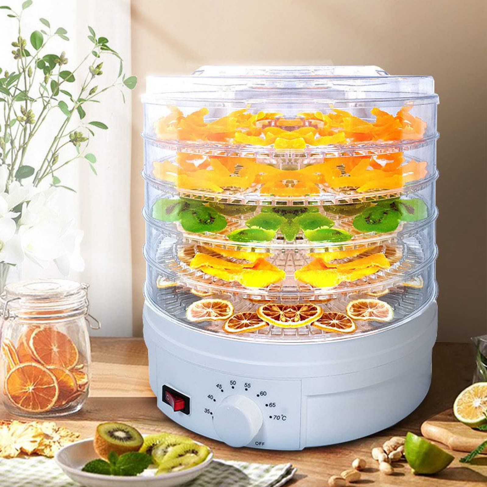 5-Tier Food Dehydrator with Timer & Thermostat Control - Perfect for Beef Jerky, Fruits, Meat, Herbs & Vegetables - Ideal for Home Kitchen, Camping & Healthy Snack Preparation